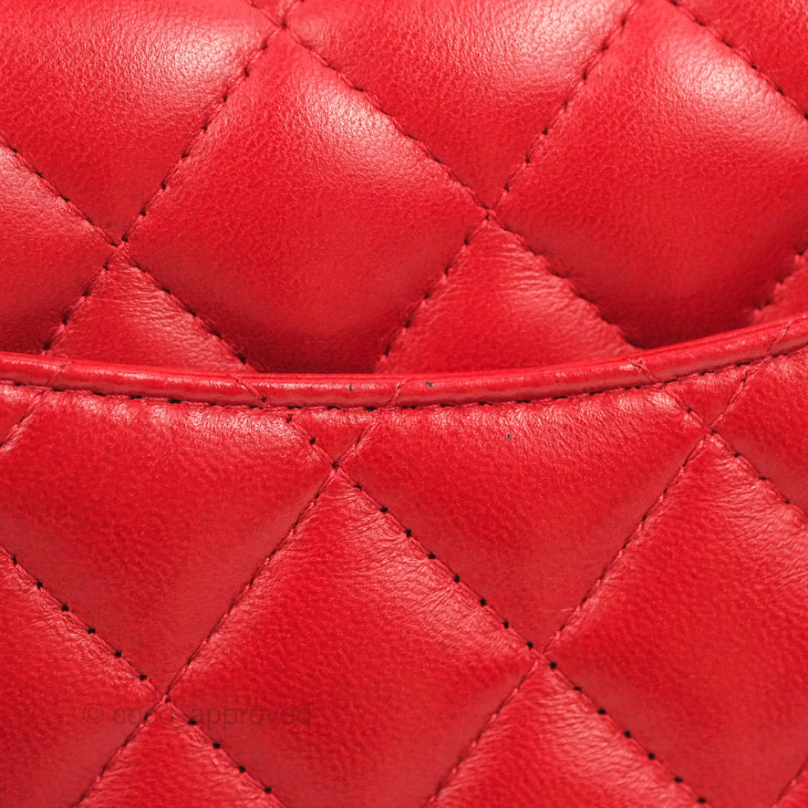 Chanel Quilted Mini Square Red Lambskin Gun Metal