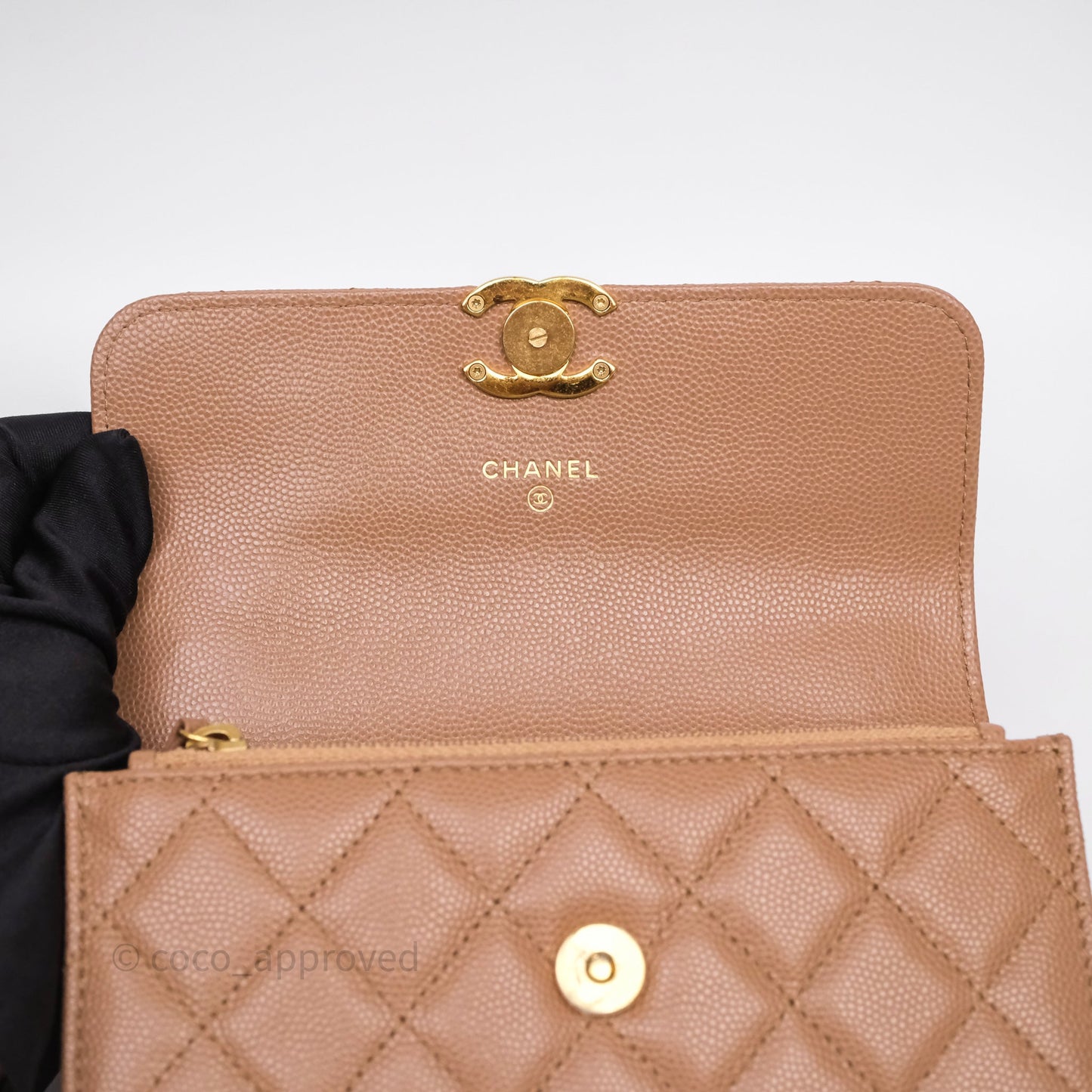 Chanel Coco First Phone Holder Dark Beige Caviar Gold Hardware 22K