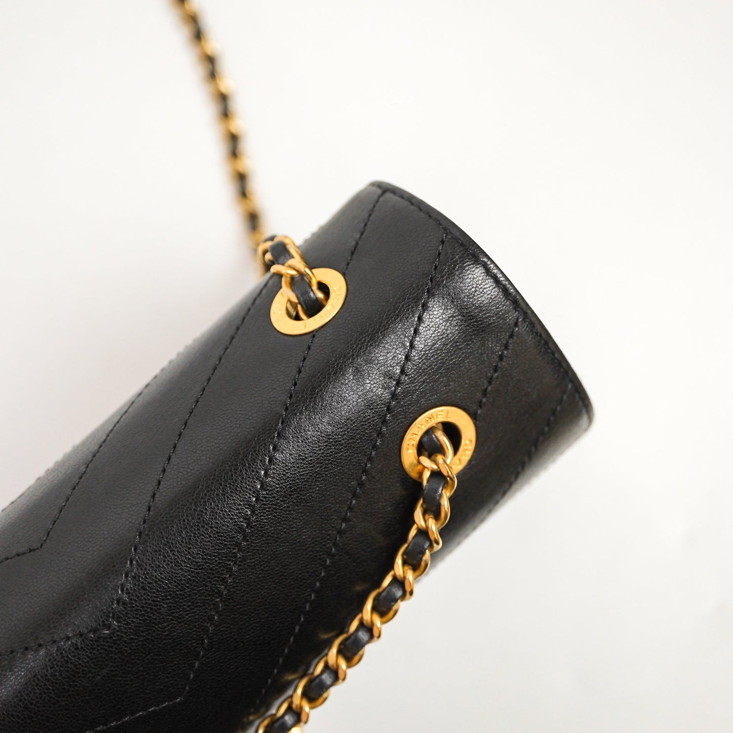 Chanel Chevron Flap Bag Black Calfskin Aged Gold Hardware