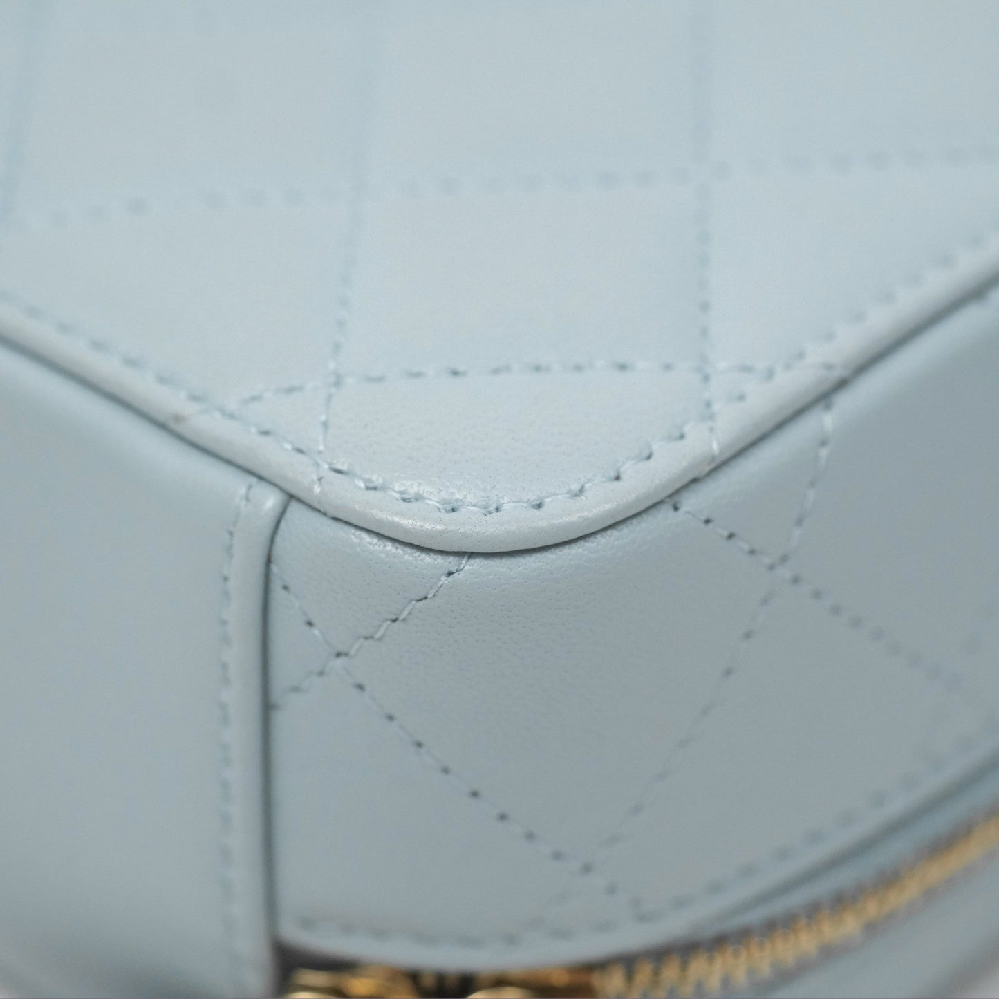 Chanel Mini Quilted Vanity Camera Case Light Blue Lambskin Gold Hardware