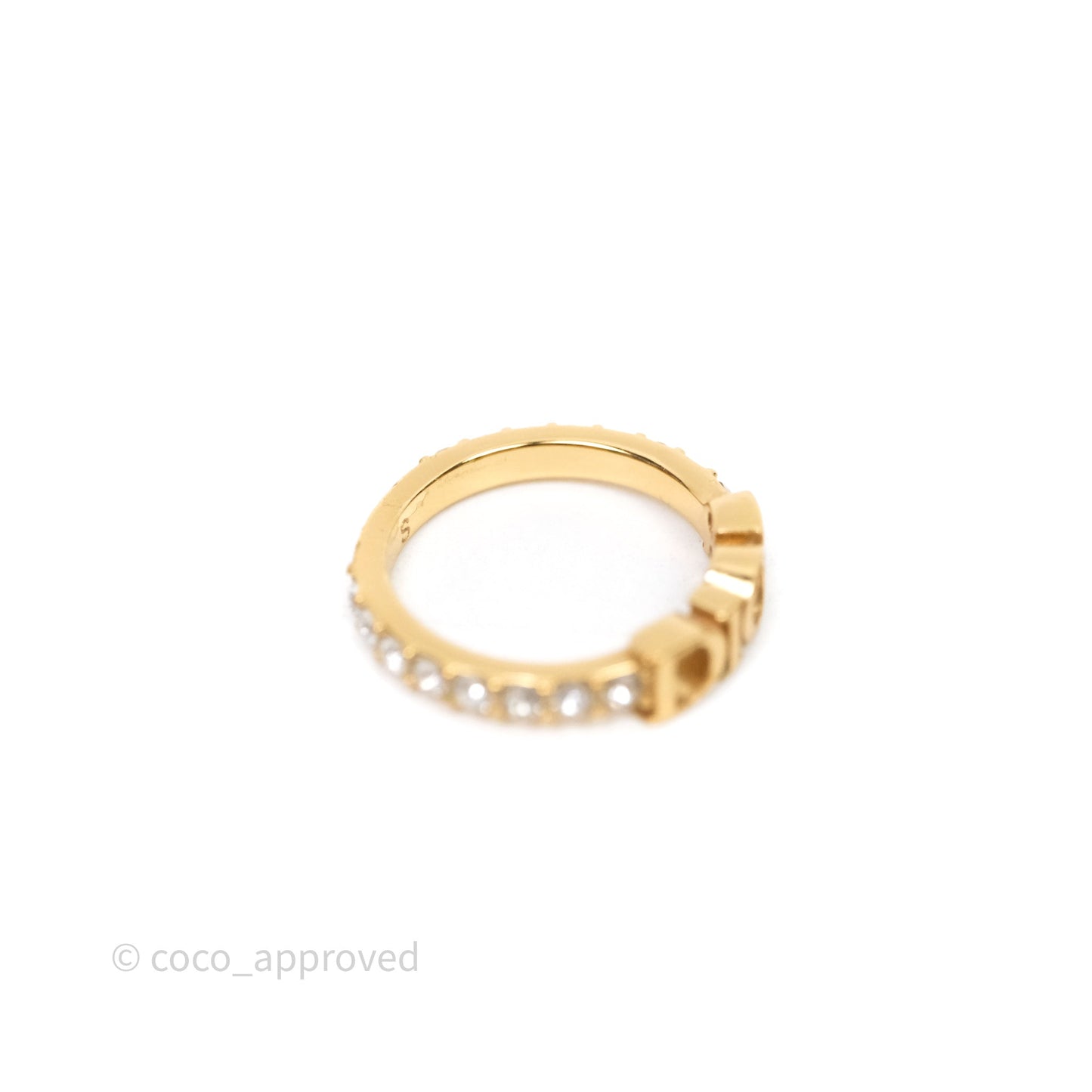 Christian Dior Crystal Logo Ring Gold Tone Size S