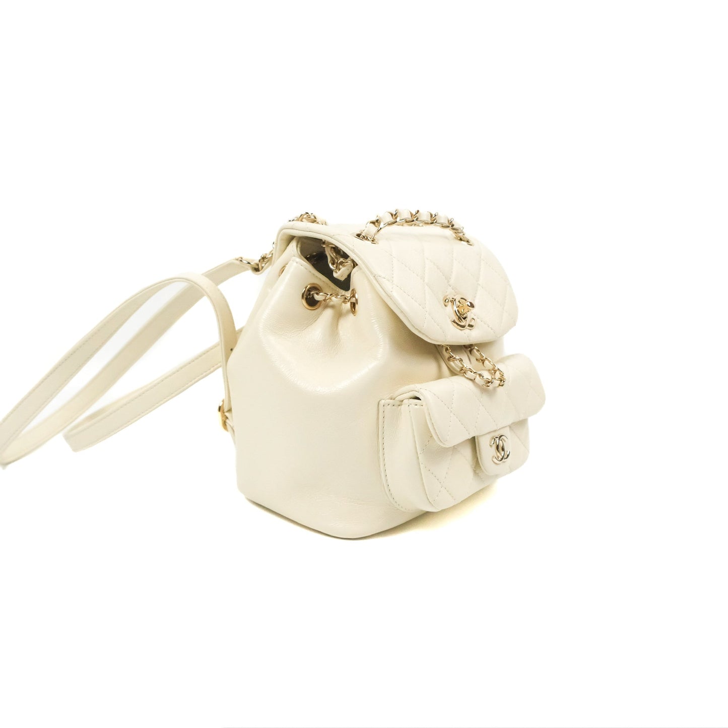 Chanel Quilted Small Duma Drawstring Backpack Ivory White Calfskin Gold Hardware