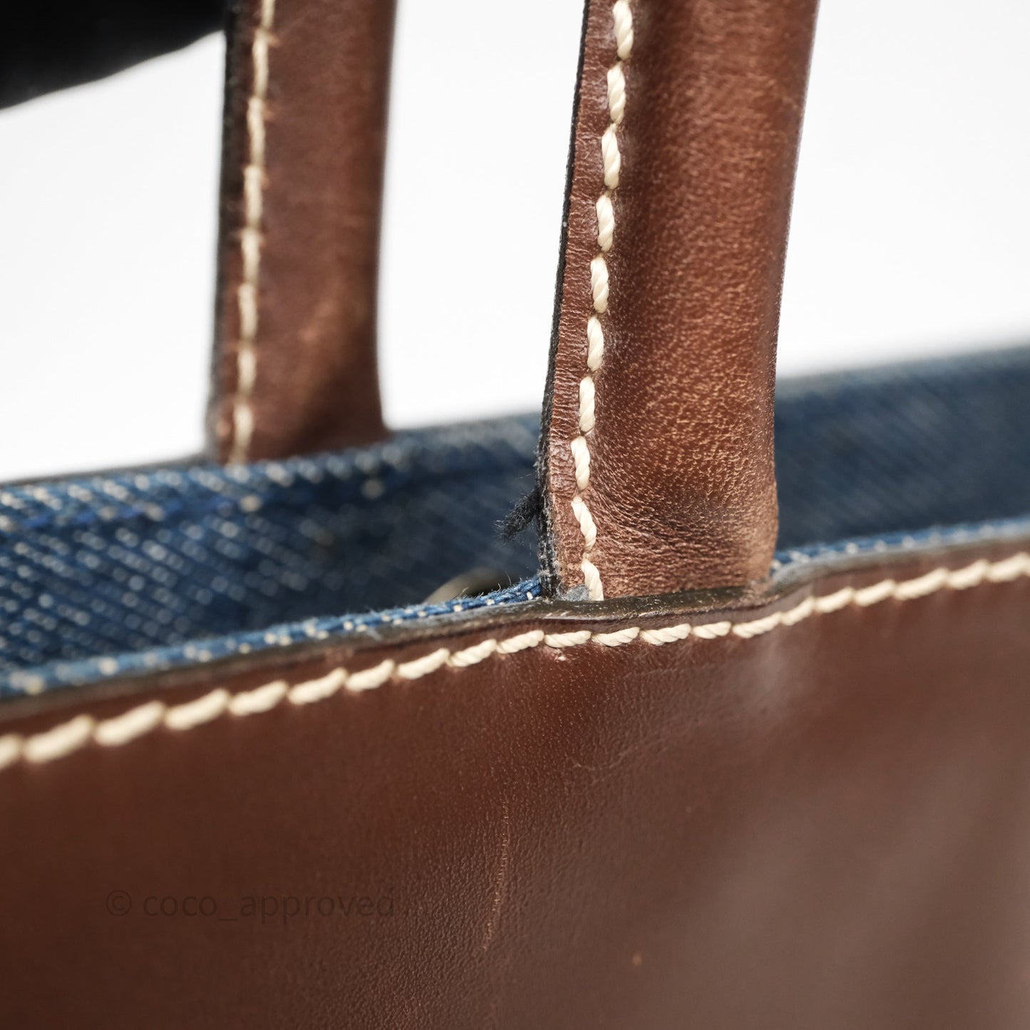 Chanel Vintage CC Tote Bag Denim Brown Leather