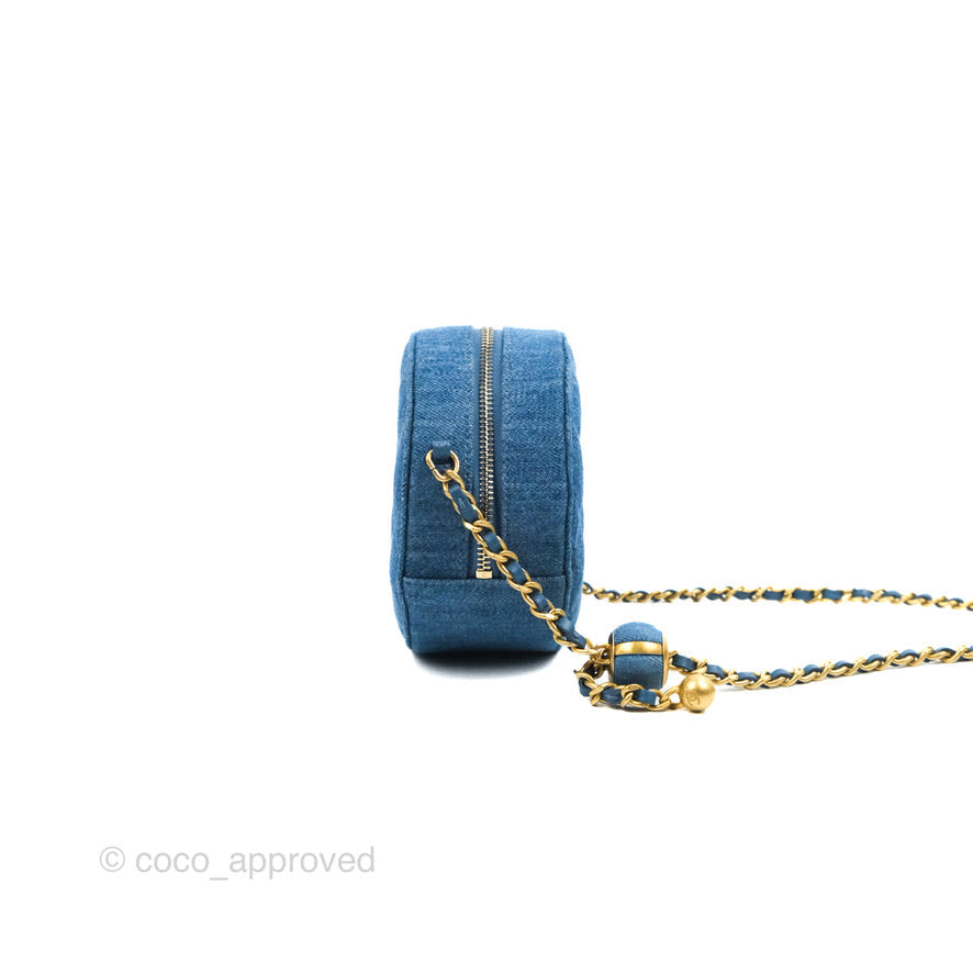 Chanel Quilted Pearl Crush Round Clutch With Chain Denim Aged Gold Hardware