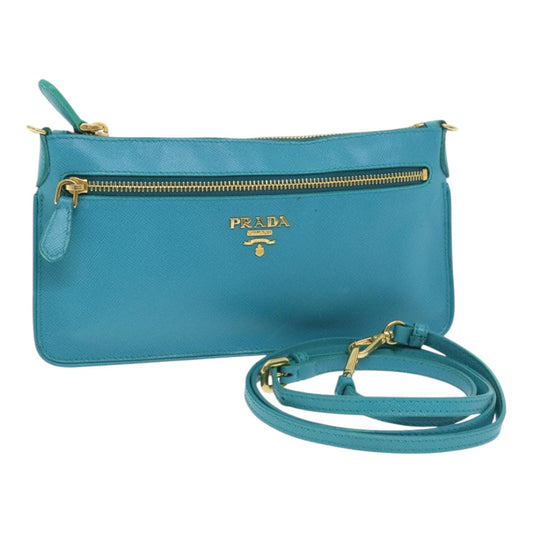 Luxury Prada Shoulder Pouch Safiano leather Turquoise Blue Gold  92427