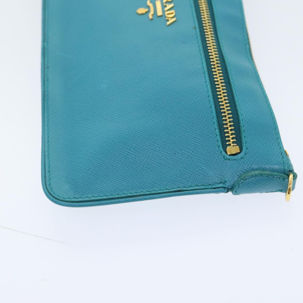 Luxury Prada Shoulder Pouch Safiano leather Turquoise Blue Gold  92427