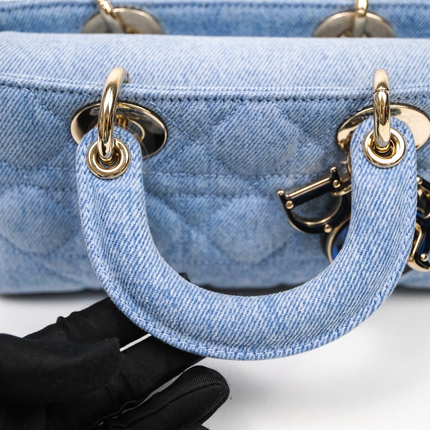 Christian Dior Small Lady D-Joy Bag Washed Blue Denim Cannage Gold Hardware