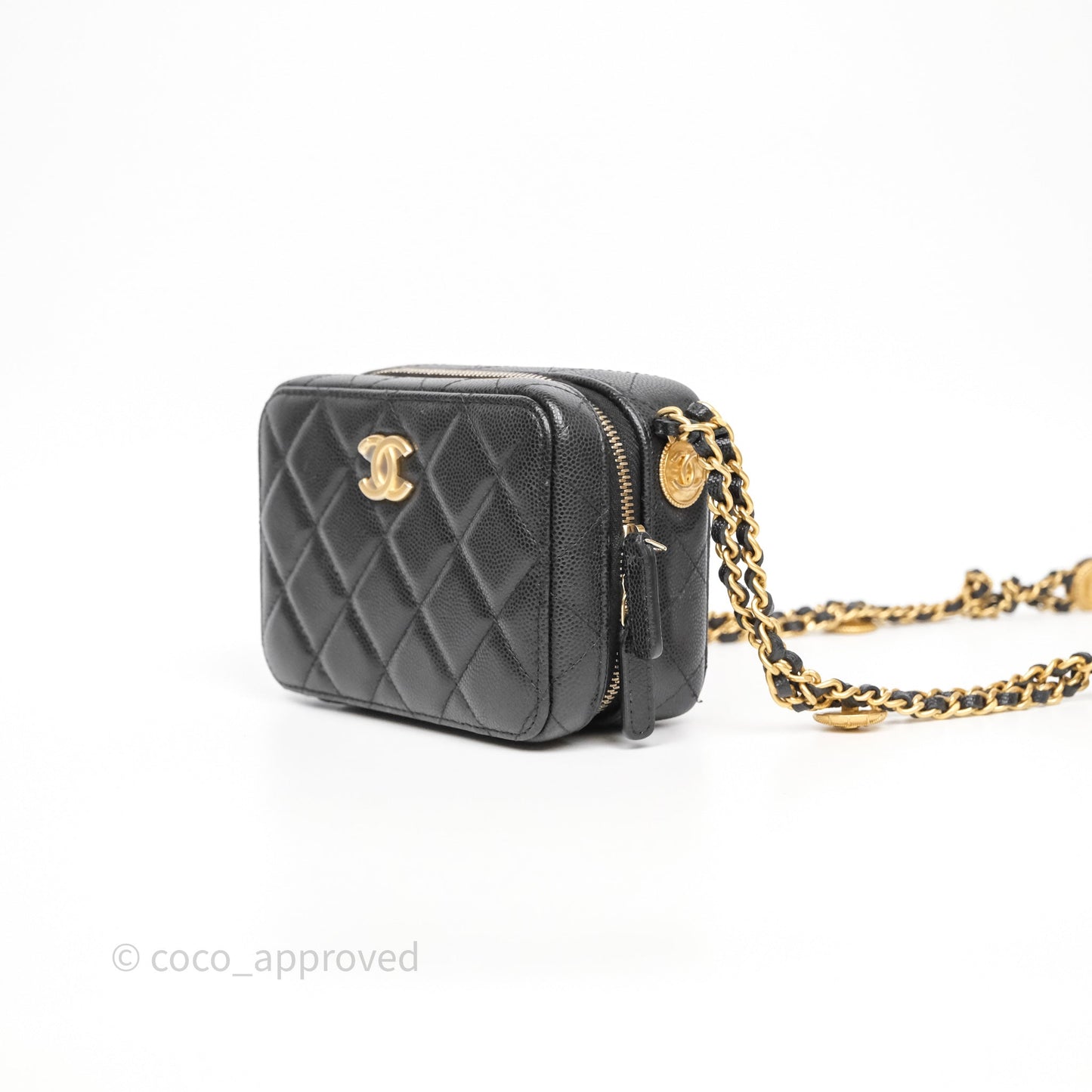 Chanel Quilted CC Coins Purse Chain Camera Case Black Caviar Aged Gold Hardware