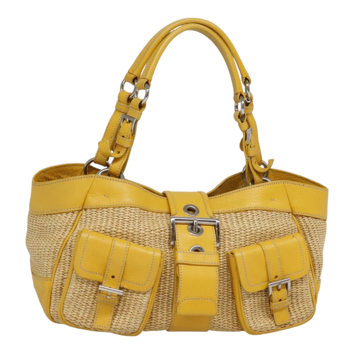 Luxury Prada Tote Bag Straw Beige Yellow Silver  92434
