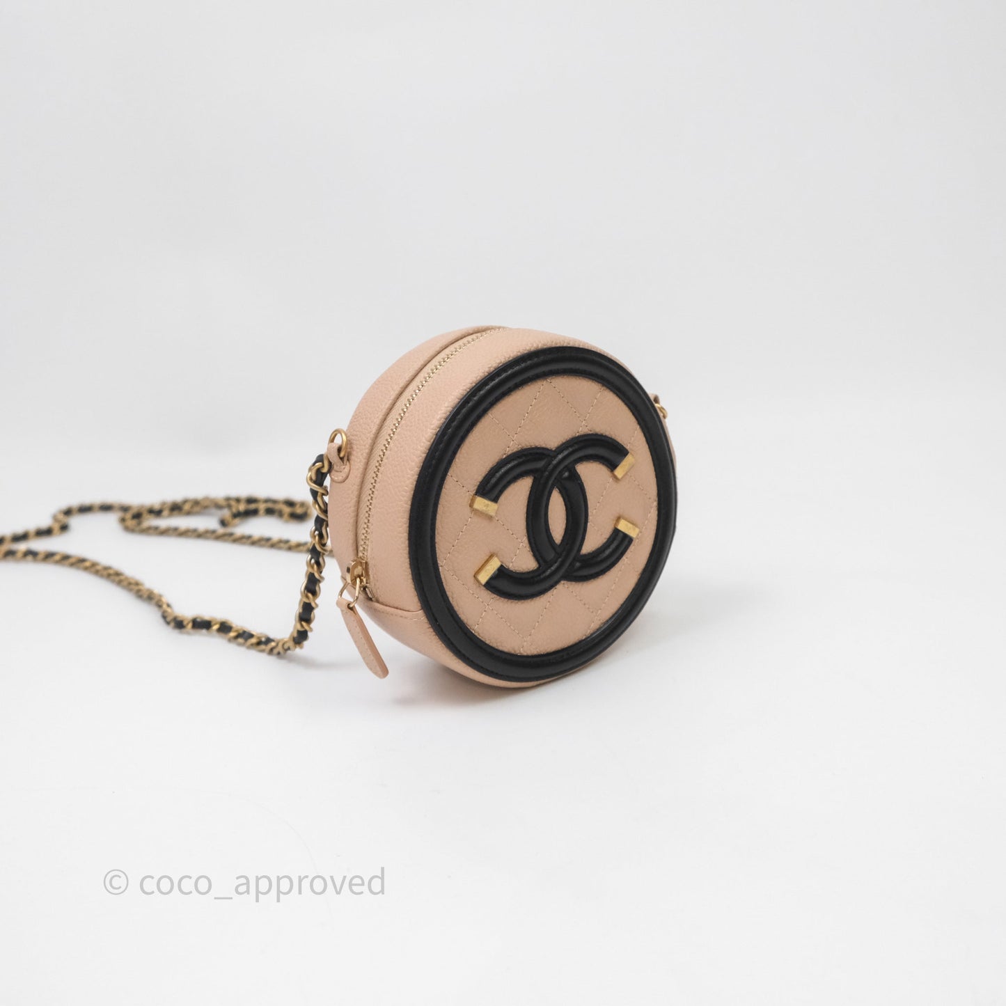 Chanel Quilted Round Filigree Clutch With Chain Beige/ Black Caviar Aged Gold Hardware