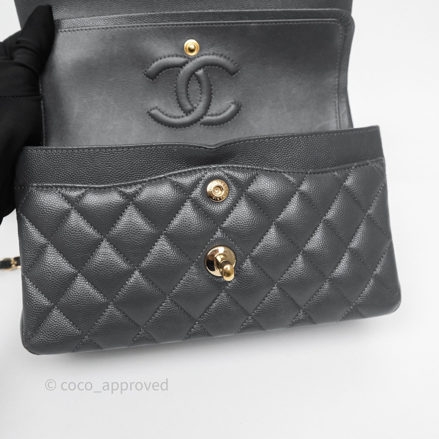 Chanel Small Classic Flap Quilted Dark Grey Caviar Gold Hardware