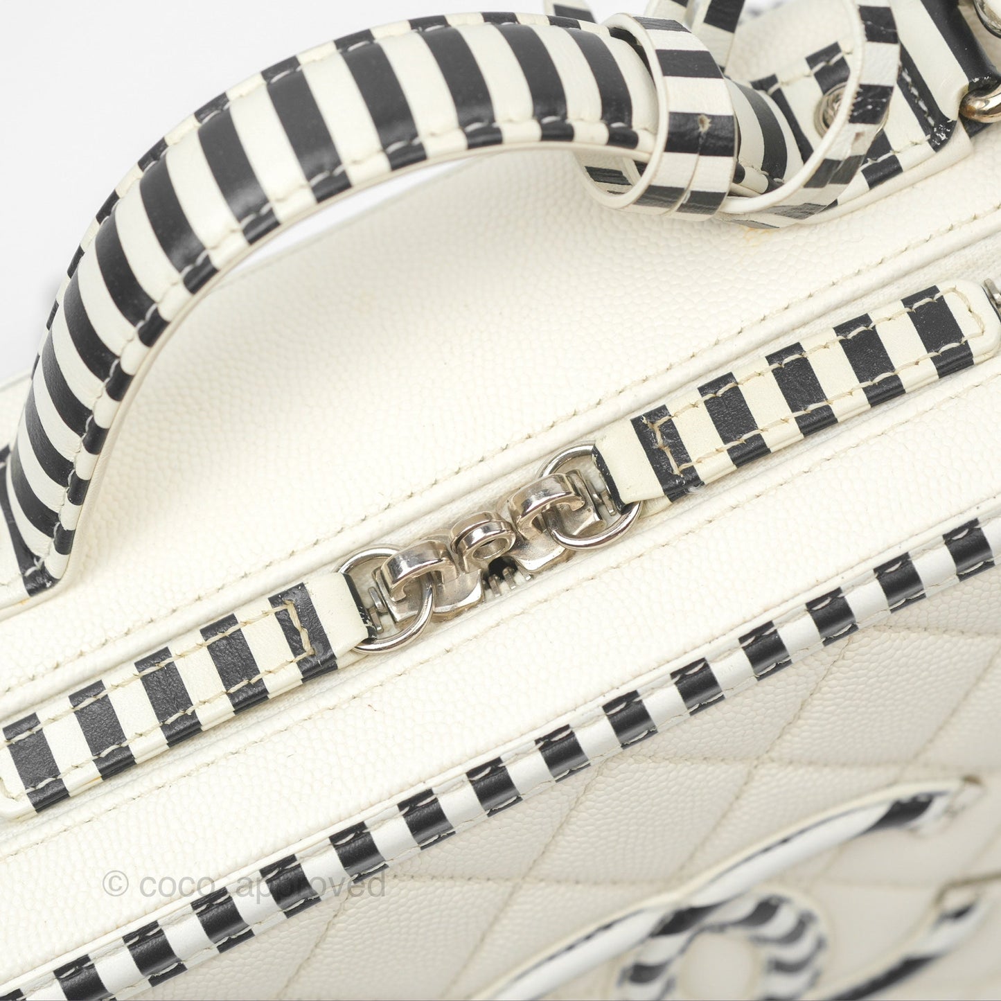 Chanel Quilted Medium CC Filigree Vanity Case White Black Stripe Caviar Silver Hardware