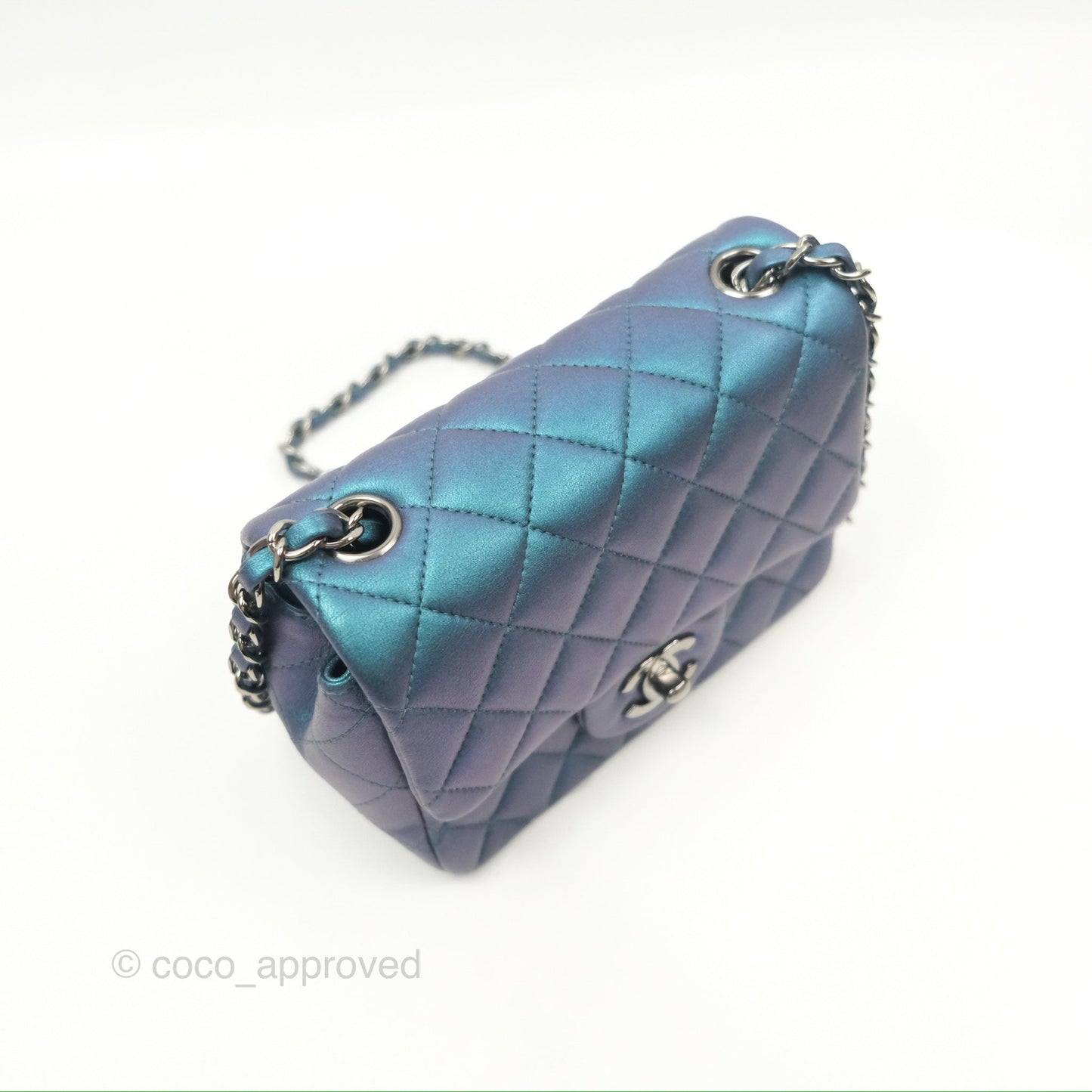 Chanel Mini Square Flap Quilted Iridescent Teal Lambskin Gun Metal