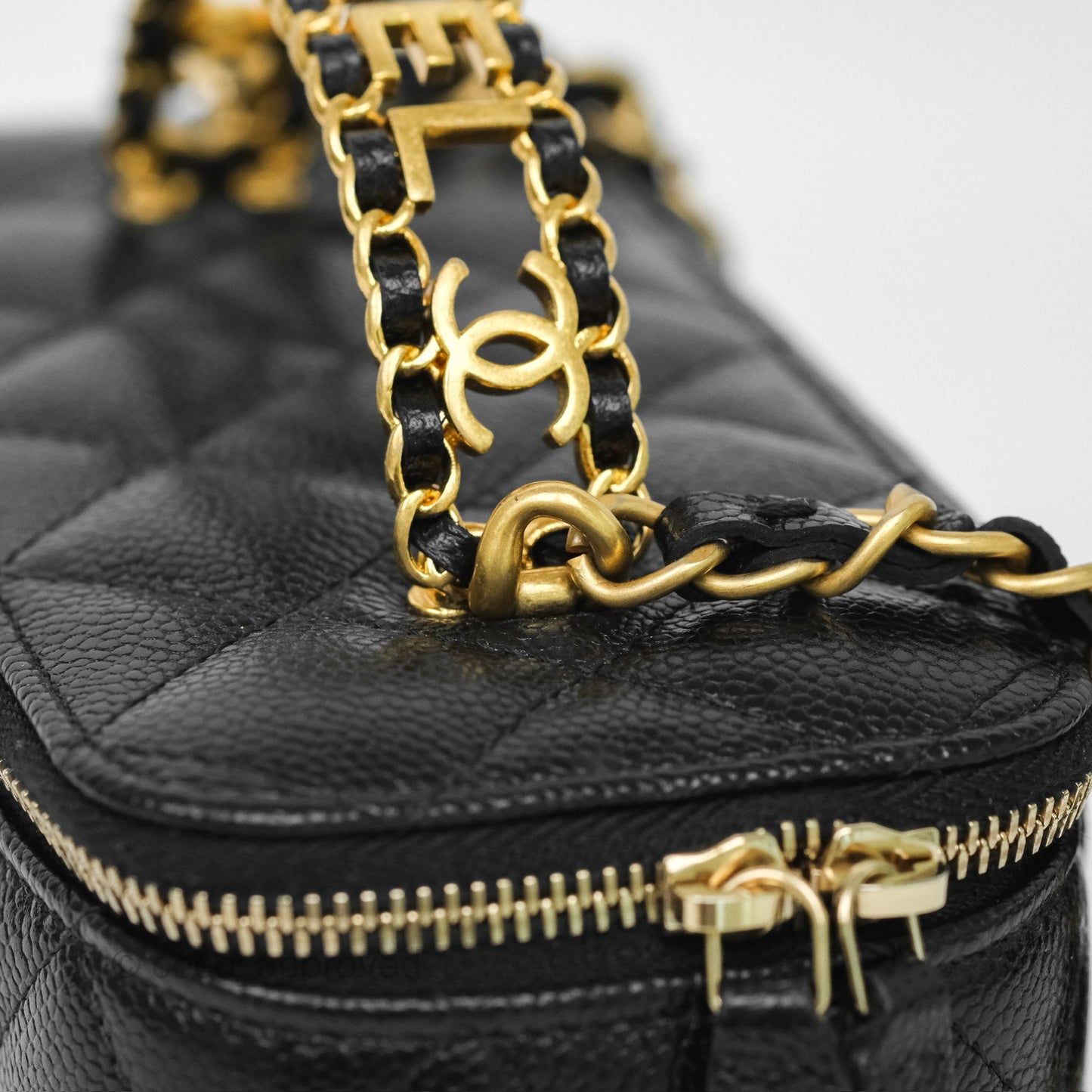Chanel Logo Top Handle Vanity Rectangular Black Caviar Aged Gold Hardware