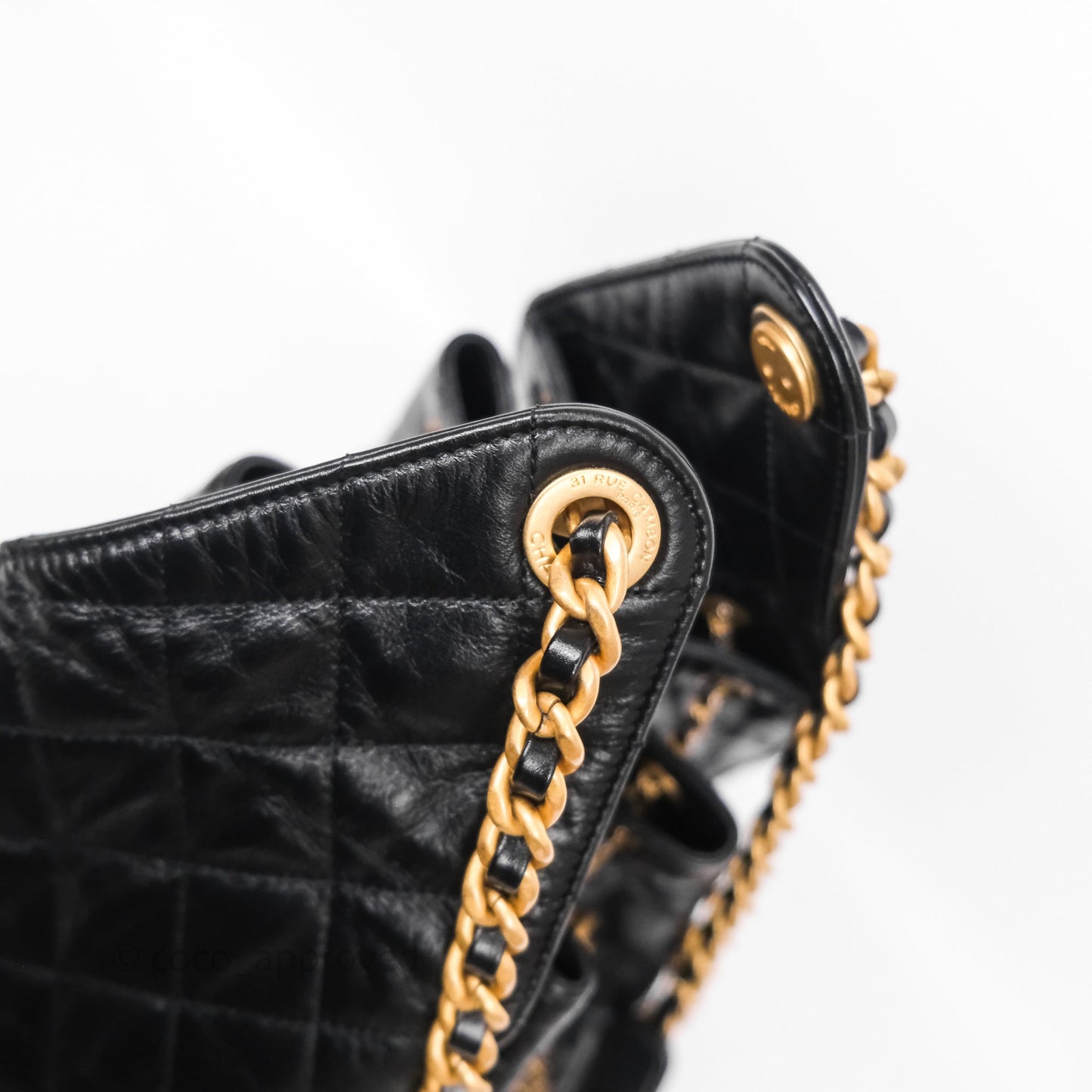 Chanel 25 Medium Black Crumpled Calfskin Aged Gold Hardware