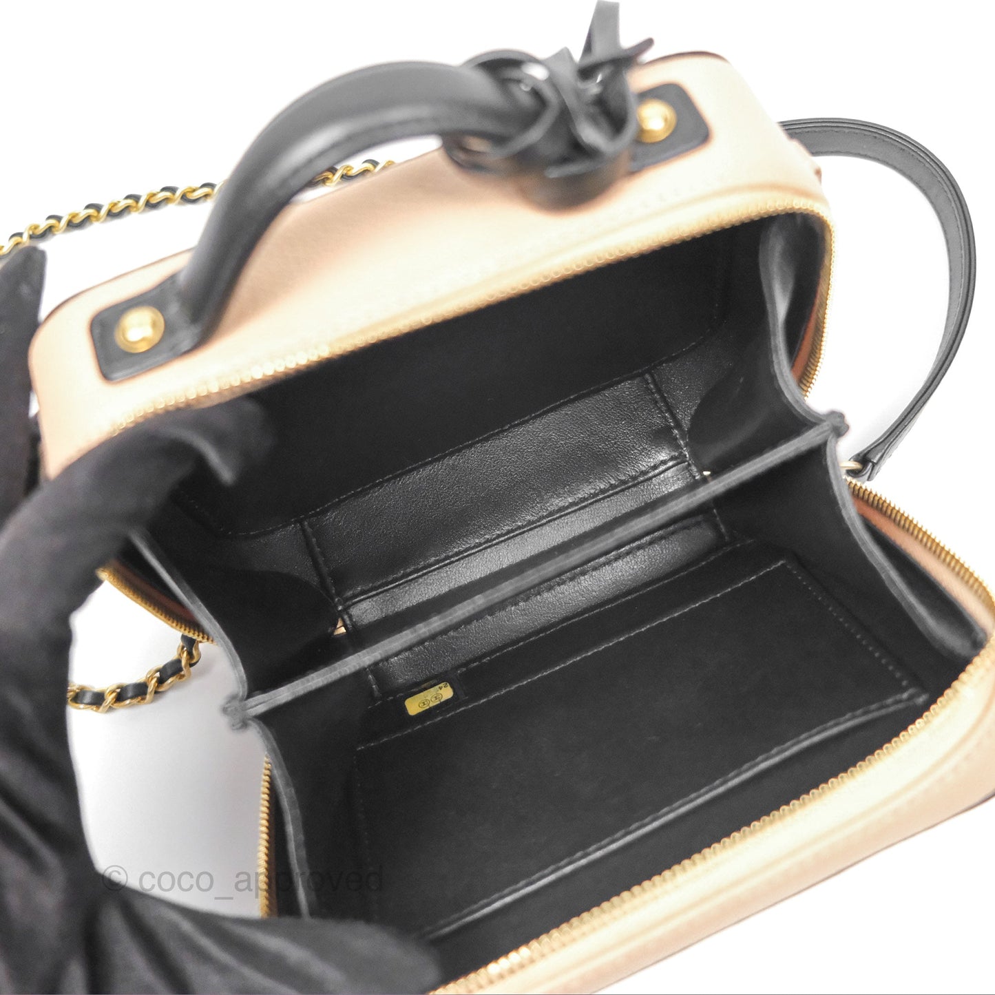Chanel Quilted Small CC Filigree Vanity Case Beige Black Caviar Gold Hardware