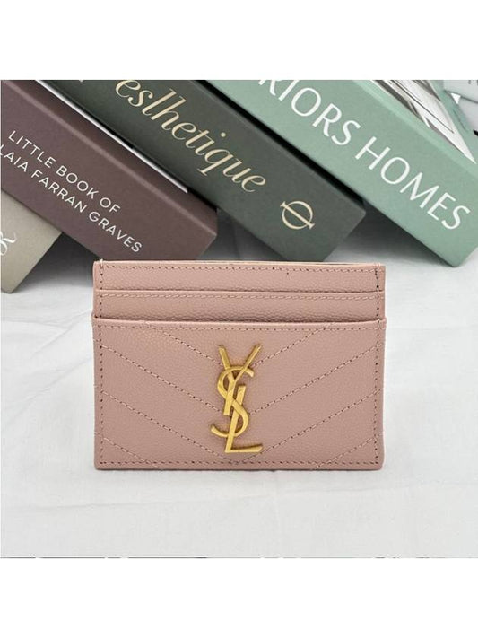 Luxury Saint Laurent Gold Hardware Matelasse Caviar Leather Card Wallet Pale Pink