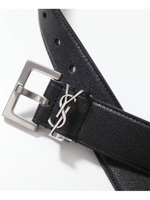 Luxury Saint Laurent Silver Hardware Monogram Buckle Leather Belt Black