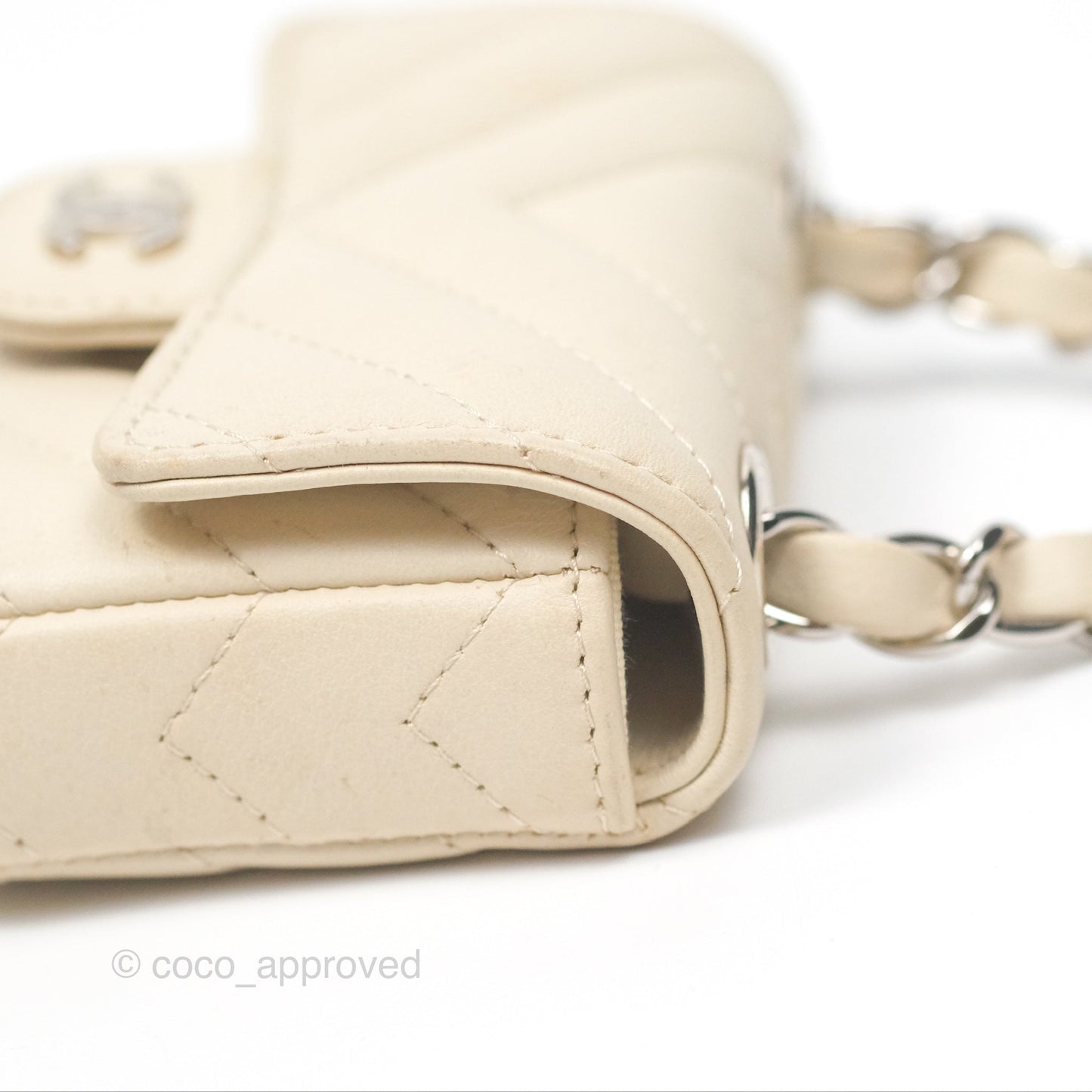 Chanel Mini Card Holder Chain Belt Bag Chevron Ivory Calfskin Silver Hardware
