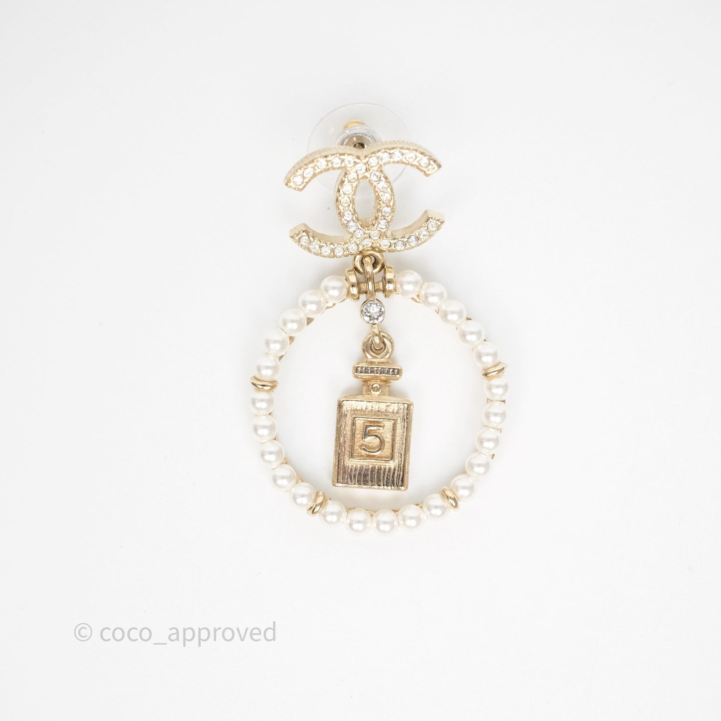 Chanel Crystals CC Drop Pearl Round No5 Perfume Bottle Earrings 20V
