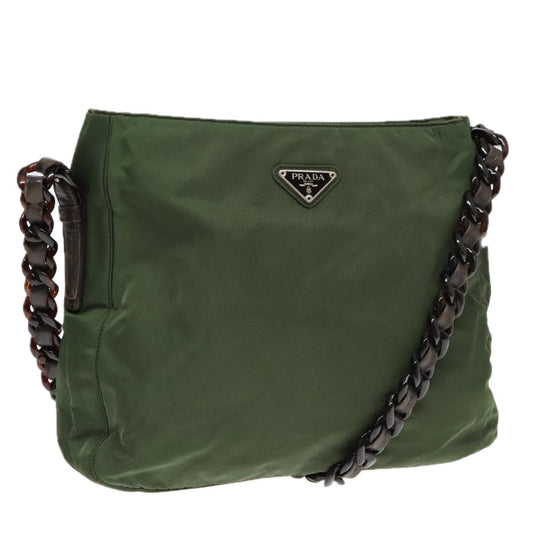 Luxury Prada Chain Shoulder Bag Nylon Plastic Leather Khaki Brown Silver  92717