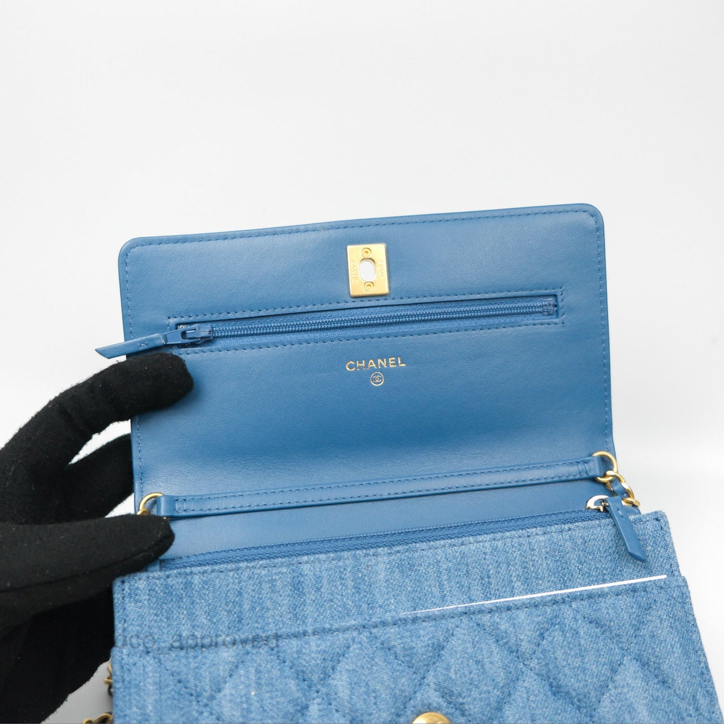 Chanel Quilted Pearl Crush Wallet on Chain WOC Denim Aged Gold Hardware