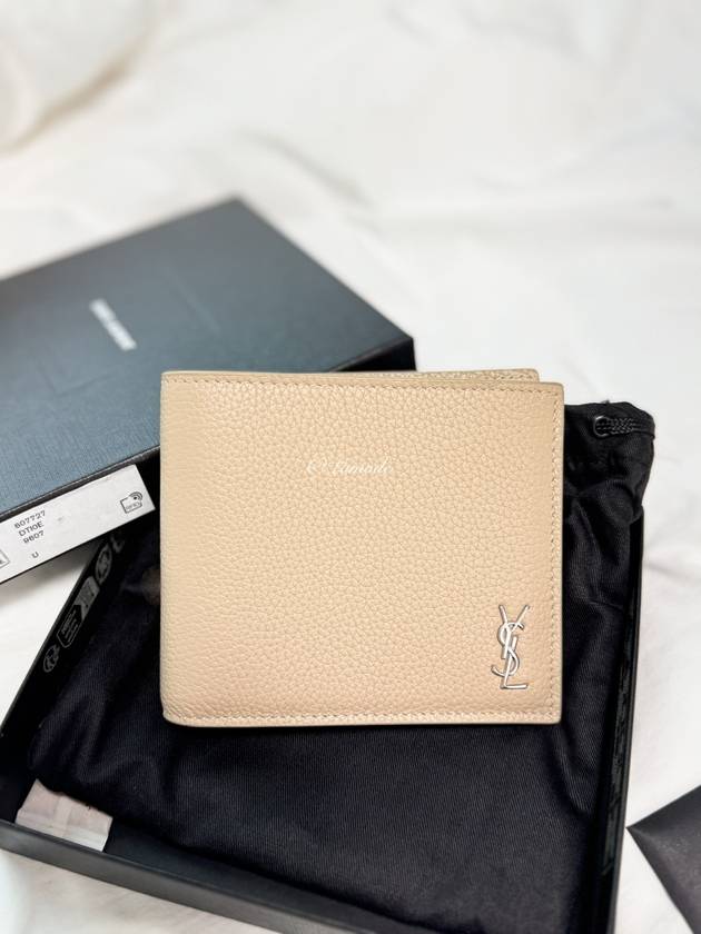 Luxury Saint Laurent Tiny Cassandre Logo Plaque Half Wallet Beige