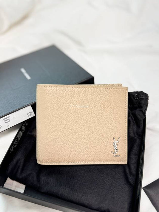 Luxury Saint Laurent Tiny Cassandre Logo Plaque Half Wallet Beige