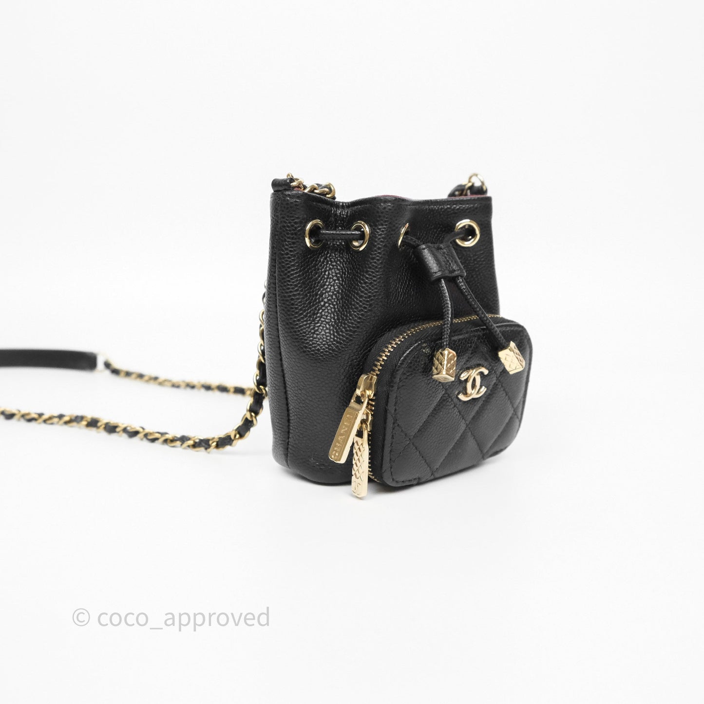 Chanel Mini Pocket Bucket Bag Black Caviar Gold Hardware