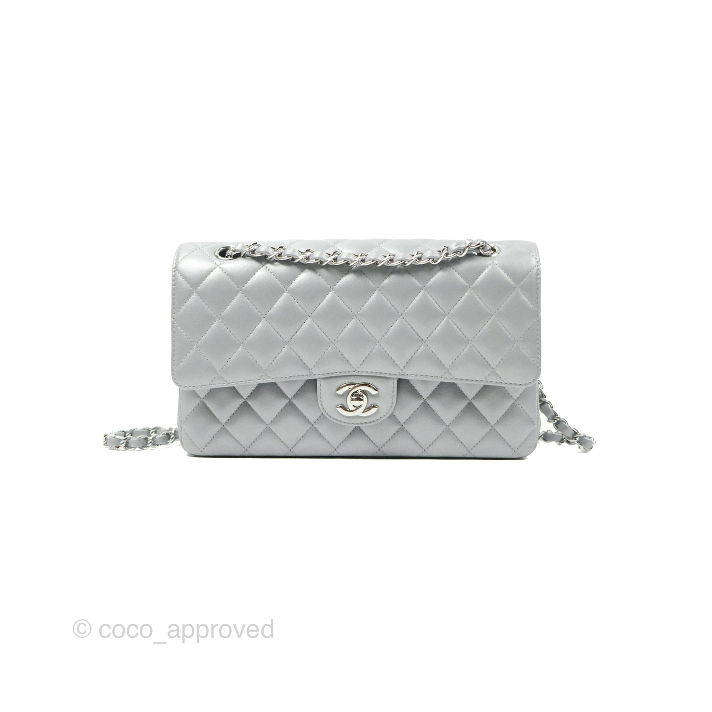 Chanel Classic M/L Medium Flap Quilted Pearly Silver Silver Hardware 23P