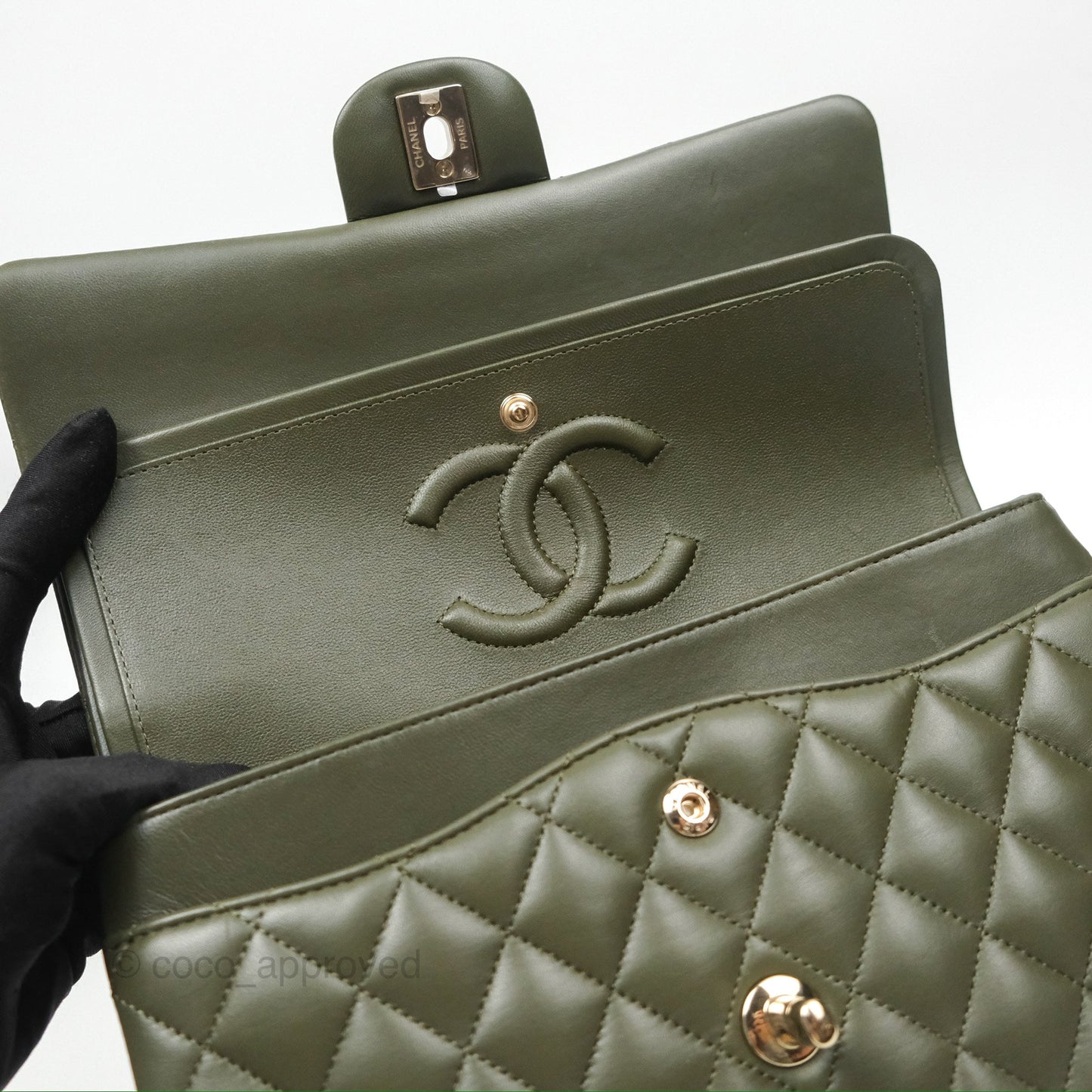 Chanel Classic M/L Medium Flap Quilted Lambskin Army Green Gold Hardware