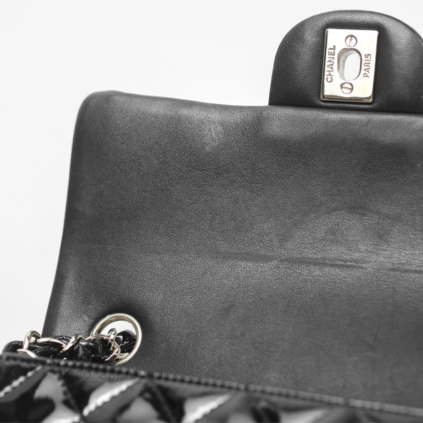 Chanel Quilted Mini Rectangular Flap Black Patent Silver Hardware