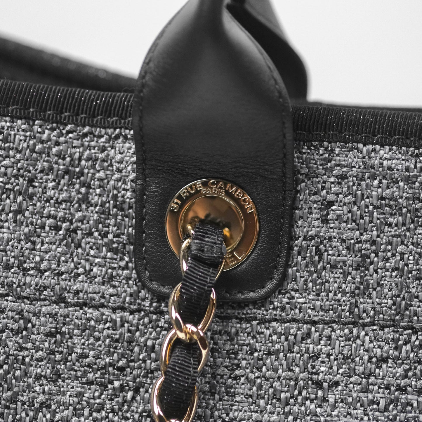 Chanel Large Deauville Glitter Black Grey Raffia Gold Hardware