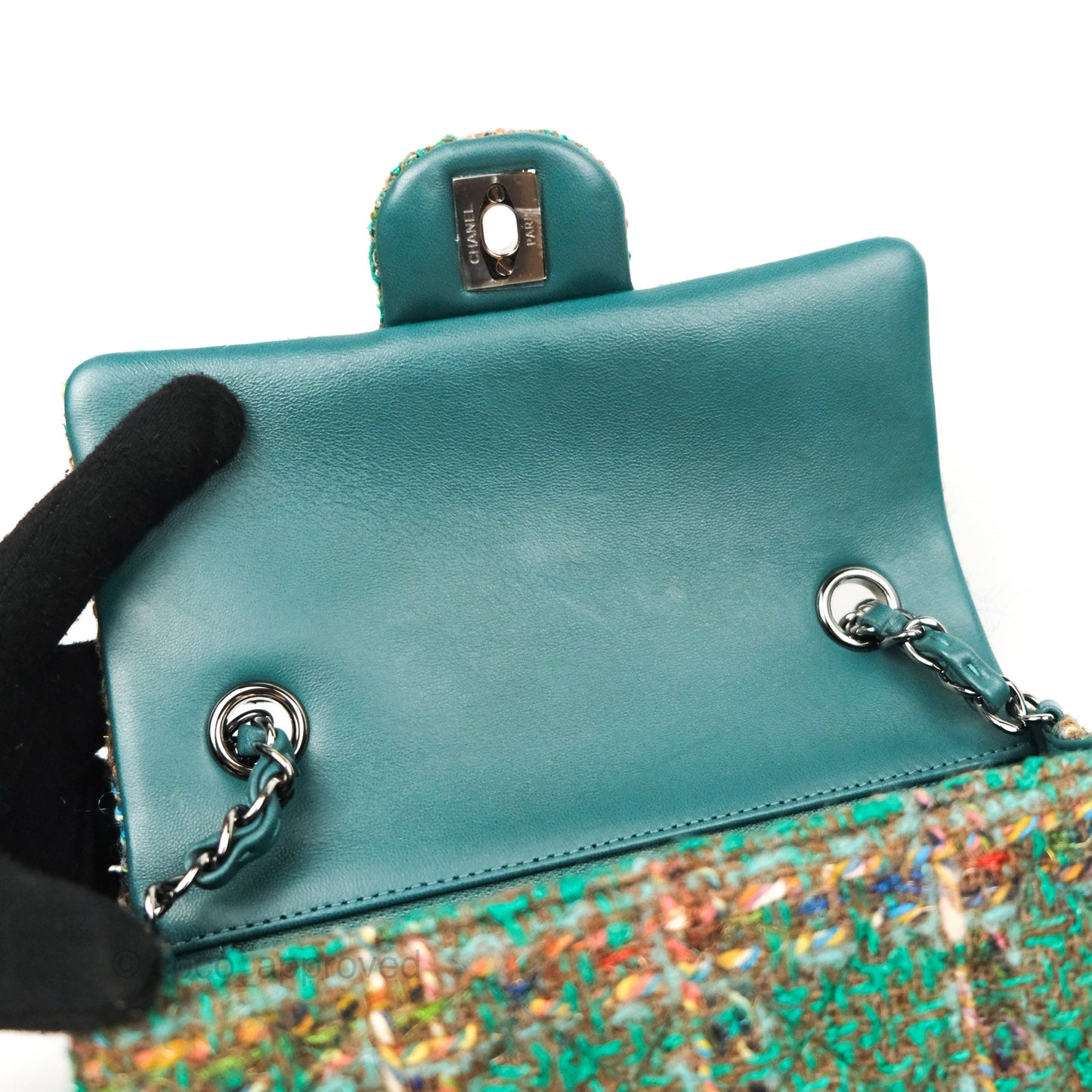 Chanel Mini Rectangular Flap Quilted Green Tweed Gun Metal 23A