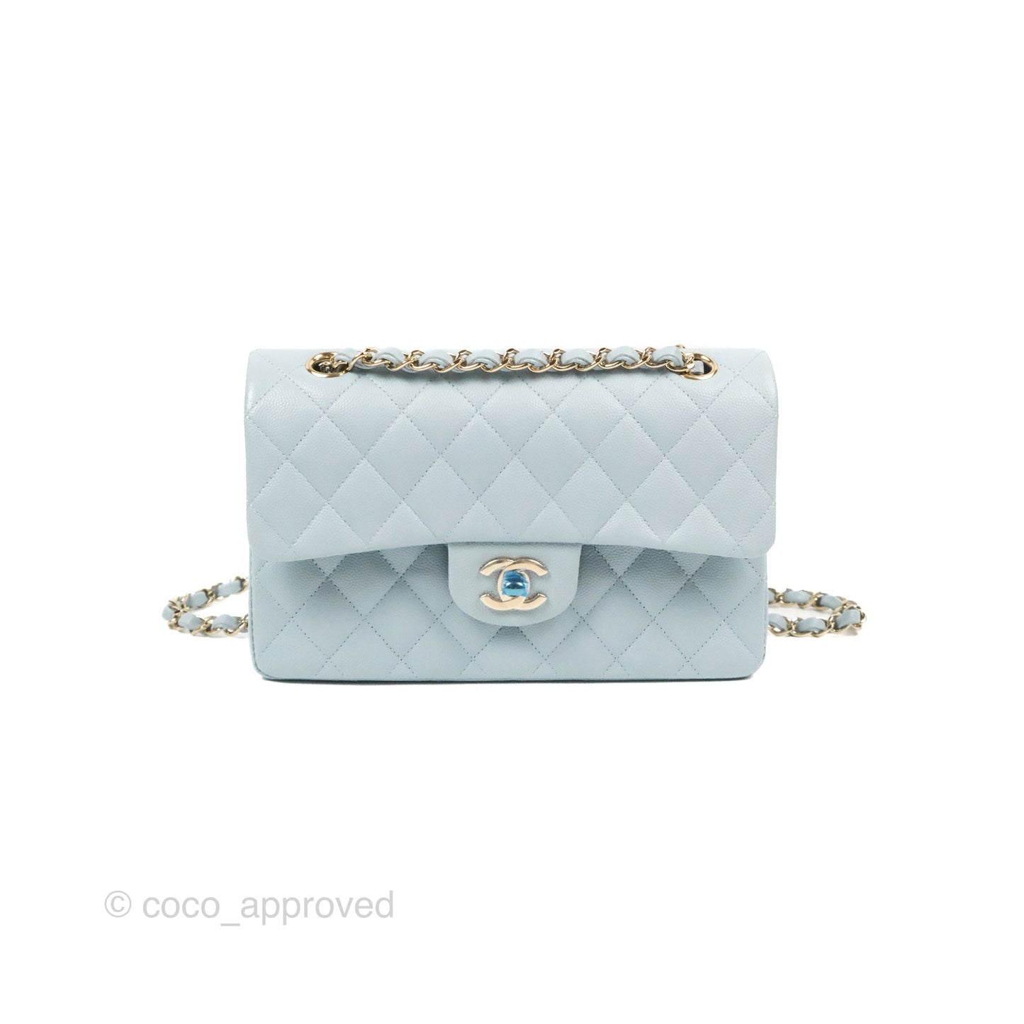 Chanel Small Classic Quilted Flap Light Blue Caviar Gold Hardware 22P