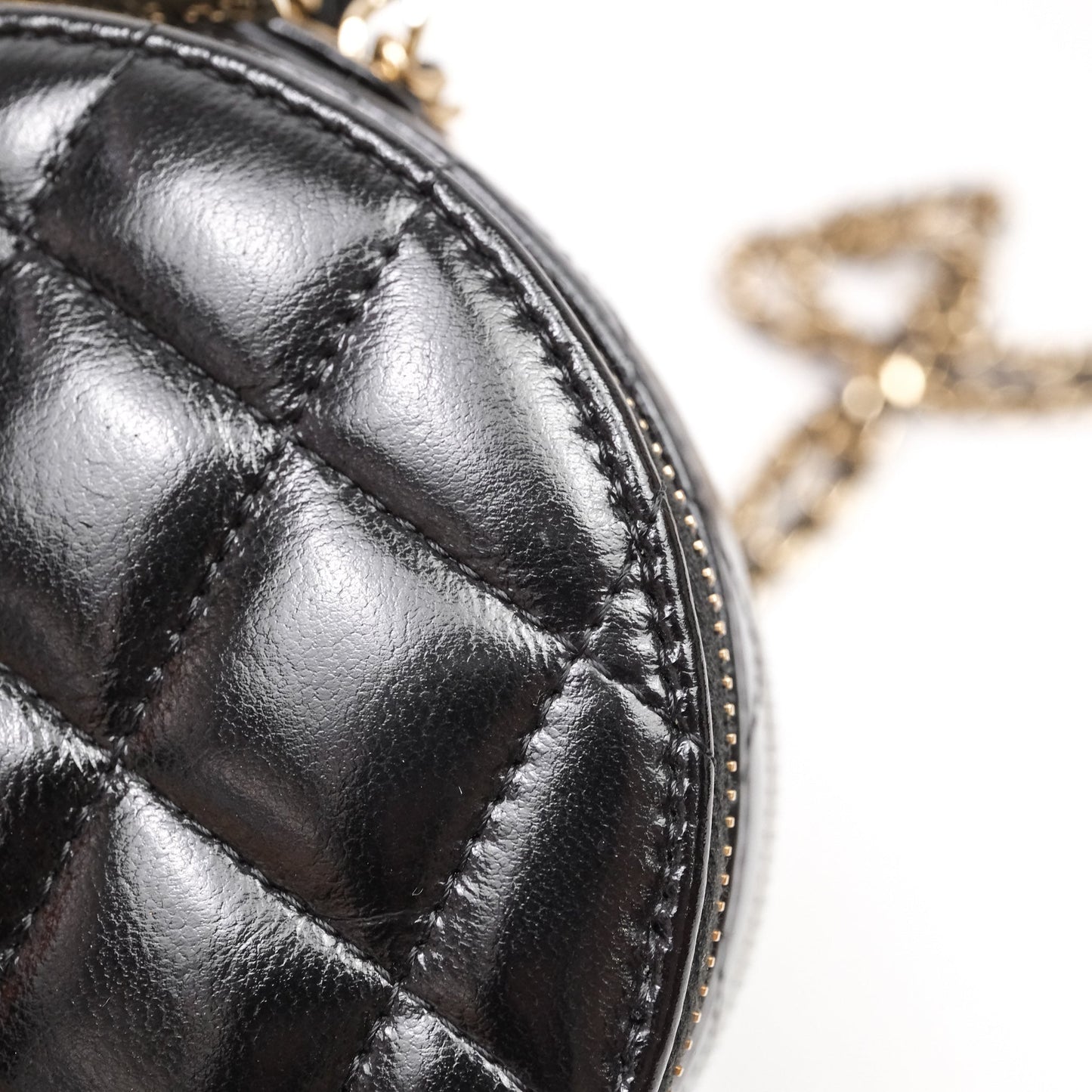 Chanel Mini Round Vanity Bag Handle With Care Black Glazed Lambskin Gold Hardware