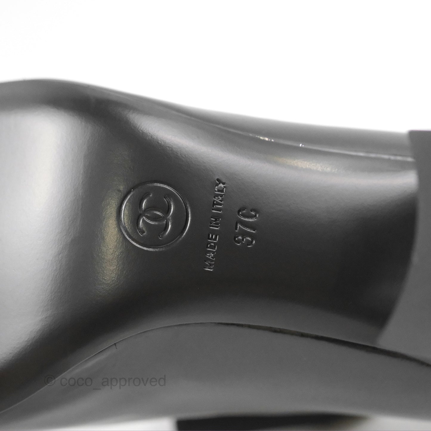 Chanel CC Ribbon Mary Jane Block Heels Black Patent 24C