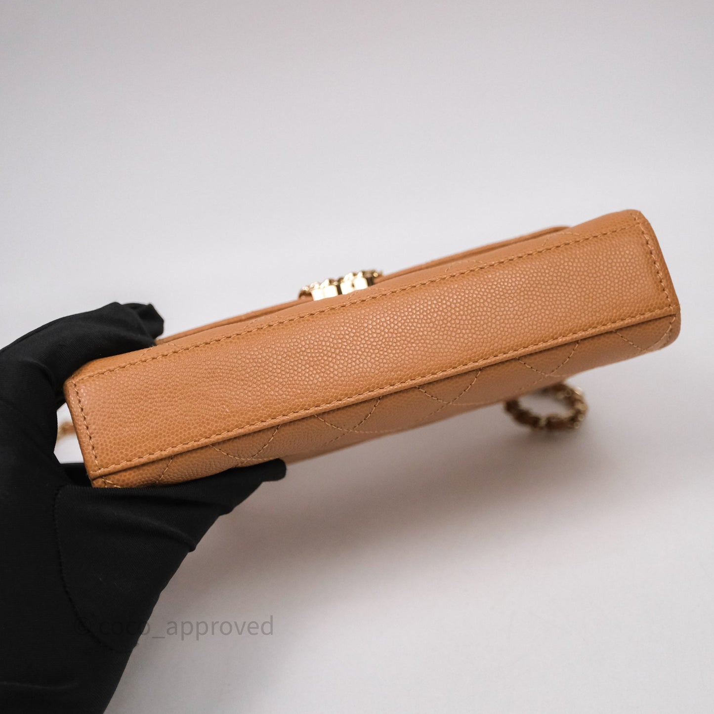 Chanel Kelly Clutch Top Handle Dark Beige Caviar Bag Light Gold hardware