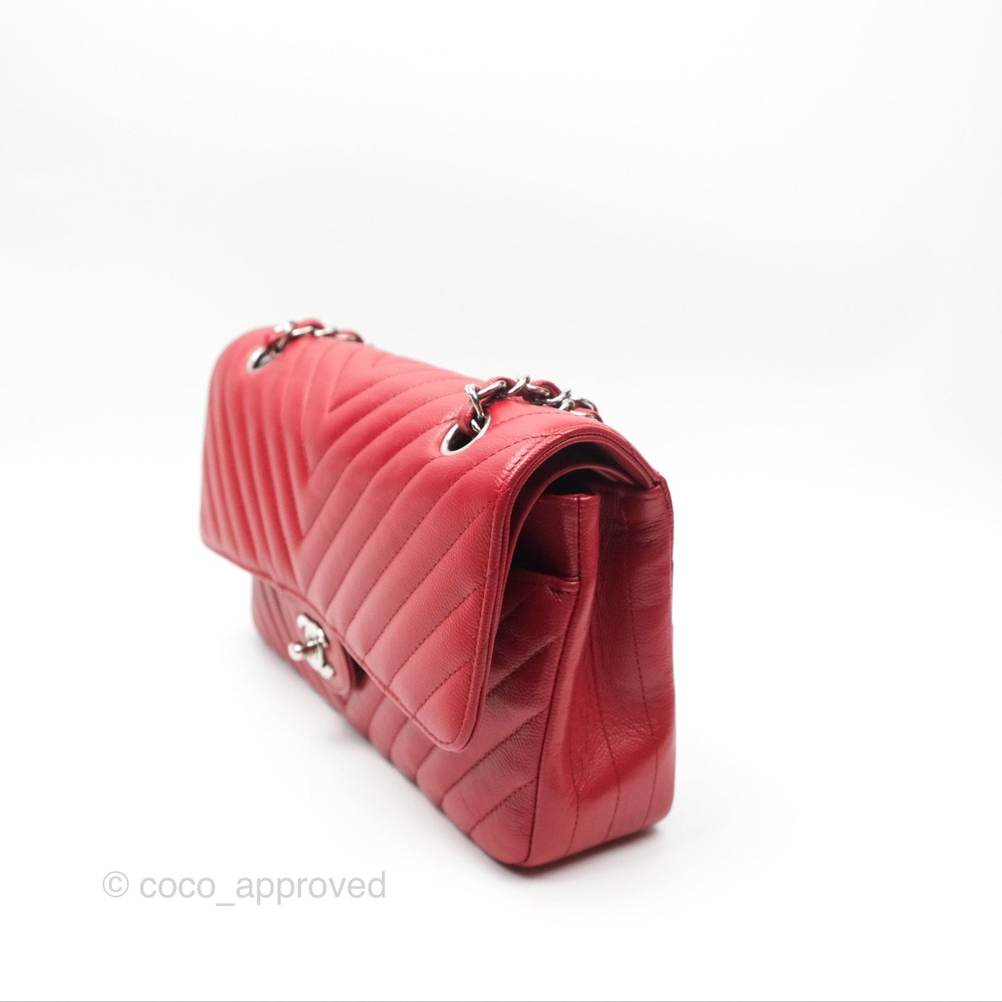 Chanel Medium Classic Flap Chevron Red Caviar Silver Hardware