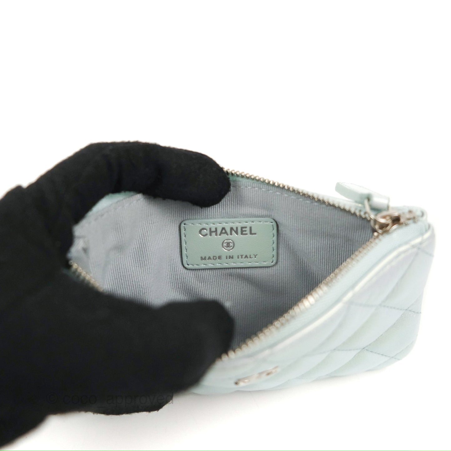 Chanel Quilted Mini O Case Iridescent Icy Blue Calfskin Silver Hardware