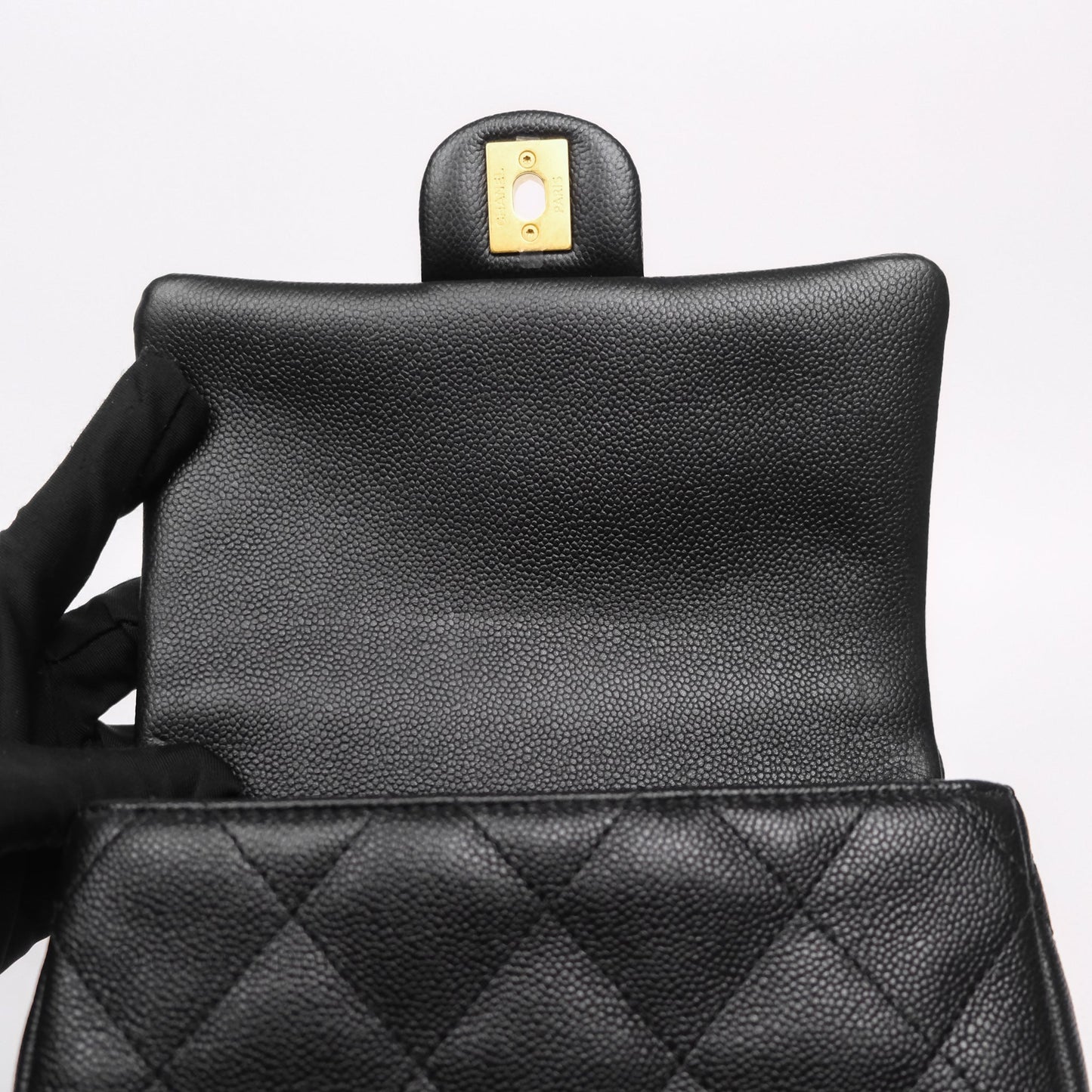 Chanel Mini Flap Bag Heart Adjustable Chain Black Caviar Aged Gold Hardware