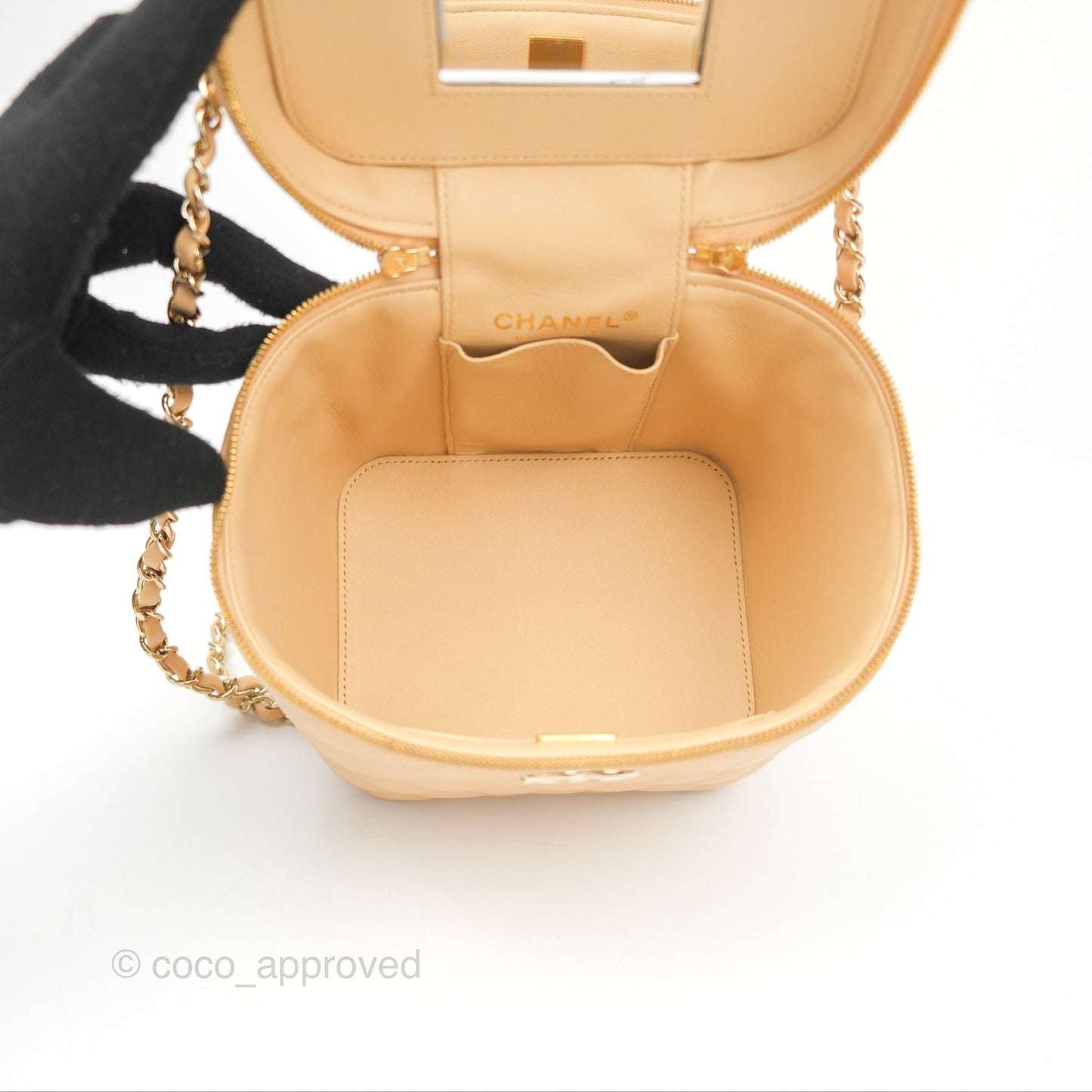 Chanel Small Quilted Top Handle Vanity Case Beige Lambskin Gold Hardware