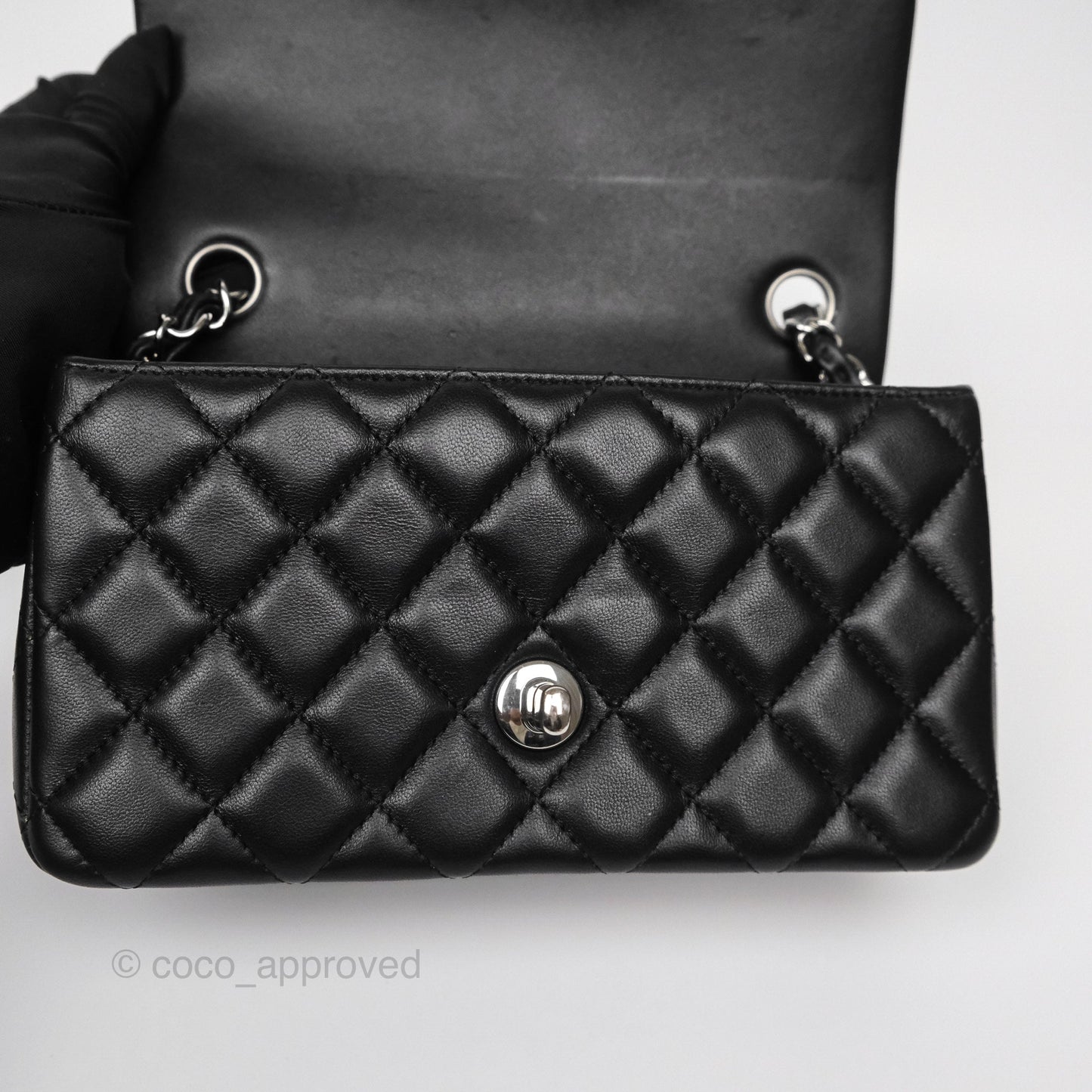 Chanel Quilted Mini Rectangular Flap Black Lambskin Silver Hardware