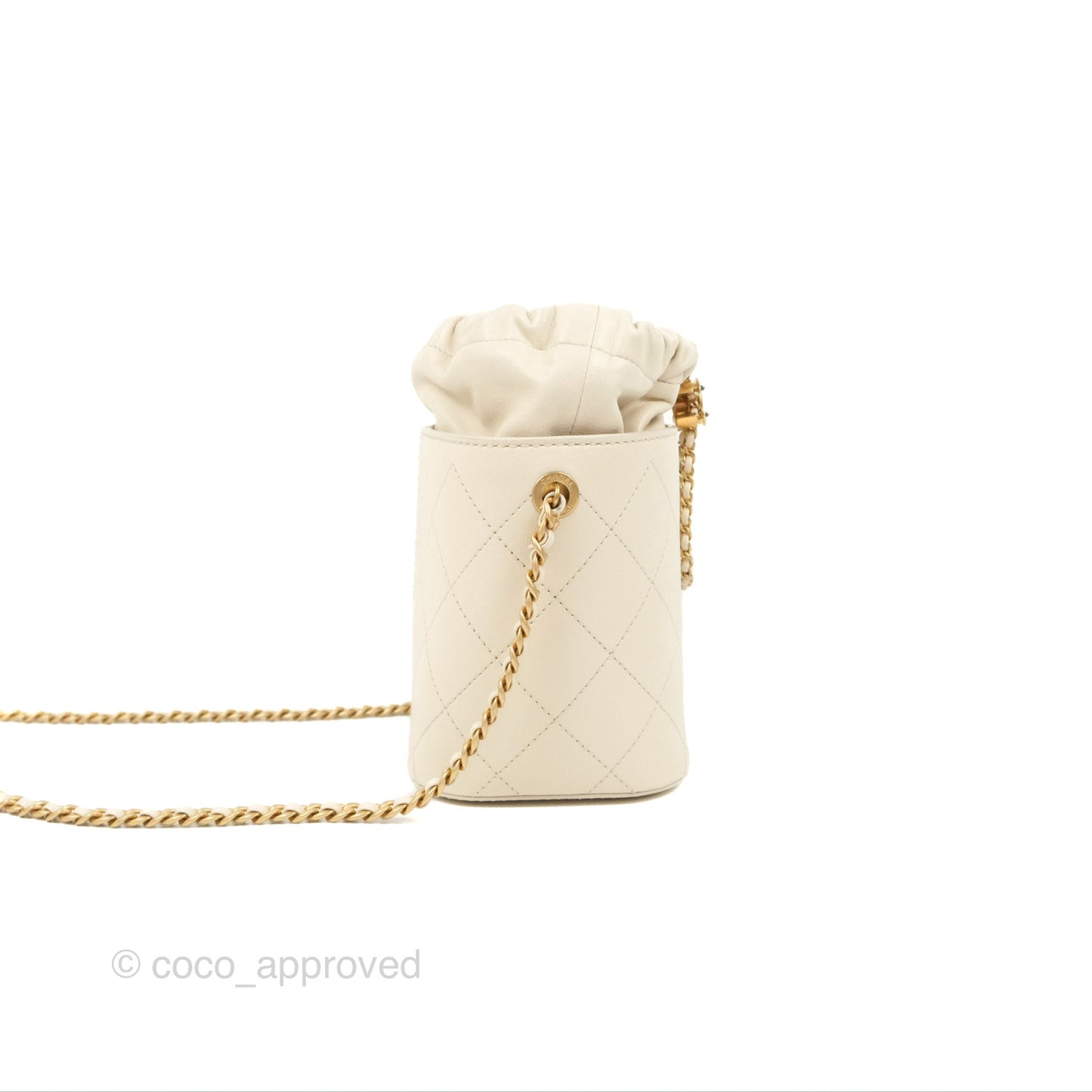 Chanel Quilted Drawstring Bucket Bag Ivory Lambskin Aged Gold Hardware 19C