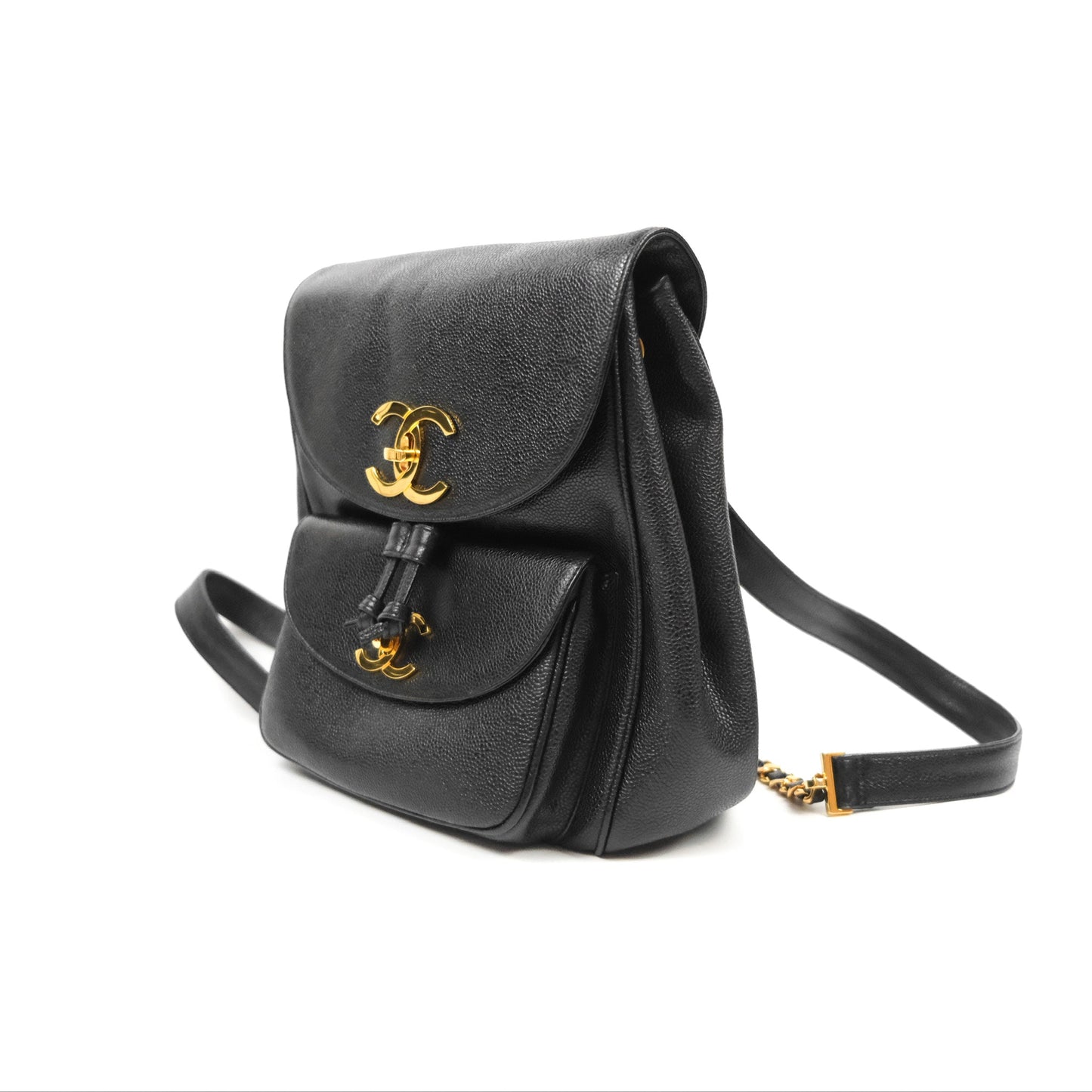 Chanel Vintage Large CC backpack Black Caviar 24K Gold Hardware
