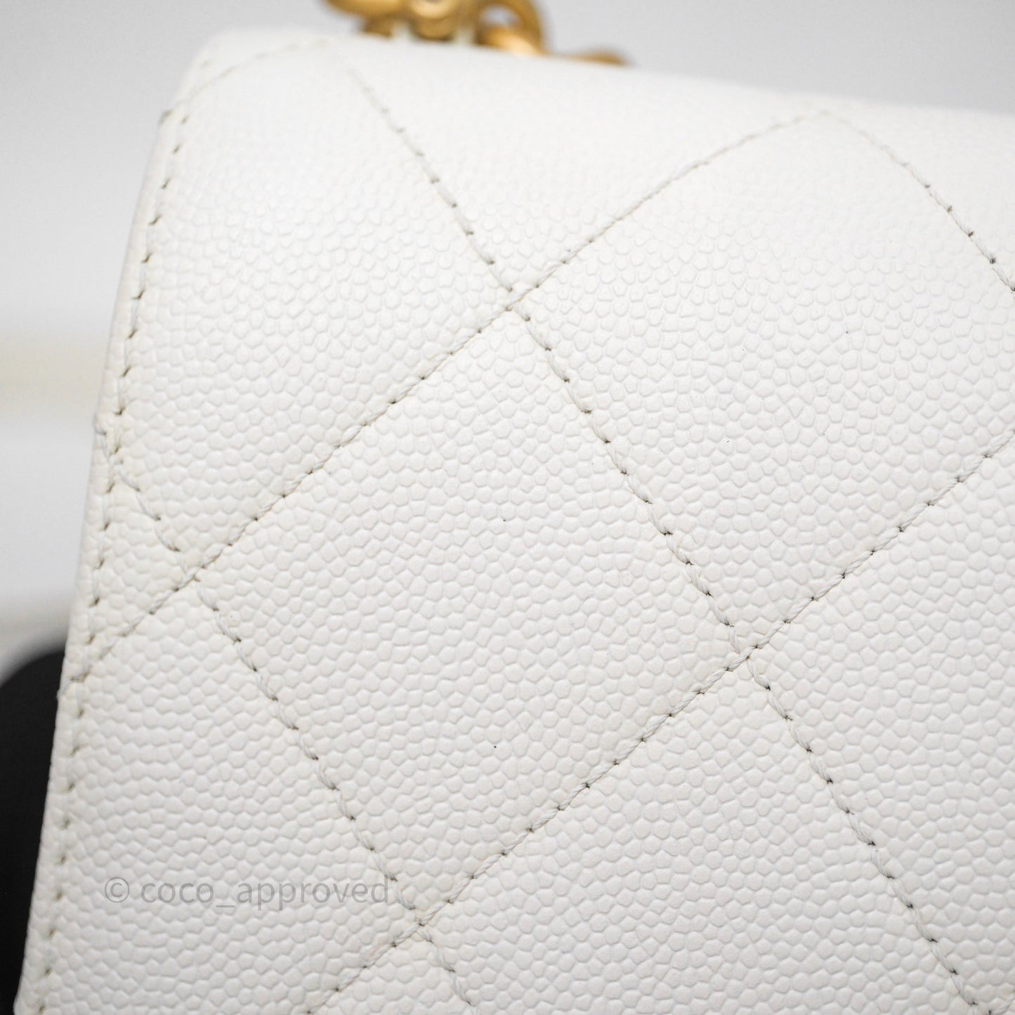 Chanel Bracelet On Chain Small Flap Bag White Caviar Aged Gold Hardware
