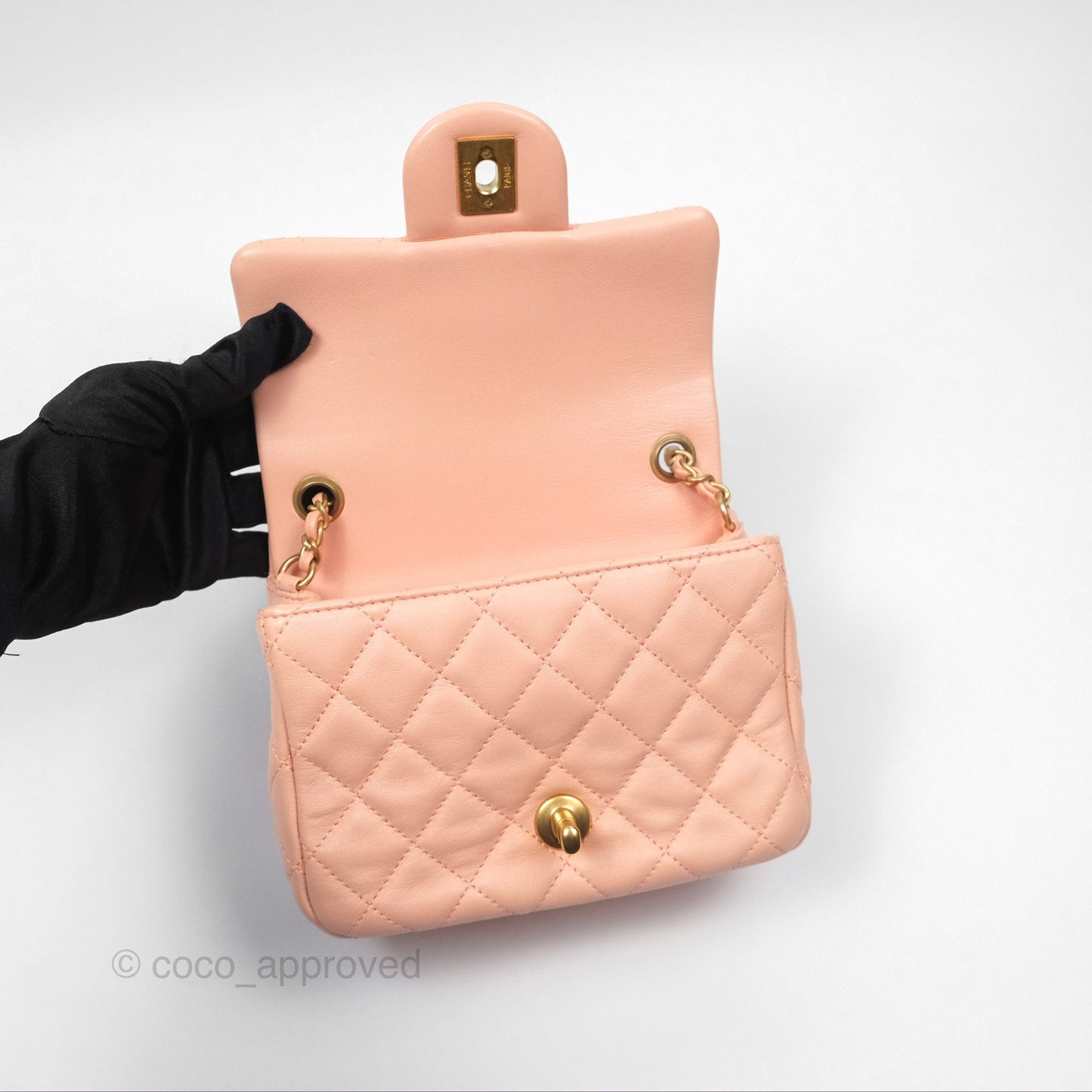 Chanel Pearl Crush Mini Square Quilted Peach Beige Lambskin Aged Gold Hardware