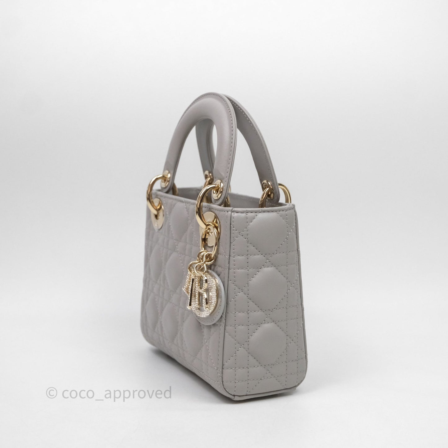 Christian Dior Mini Lady Dior Gray Lambskin Cannage Diamonds Gold Hardware