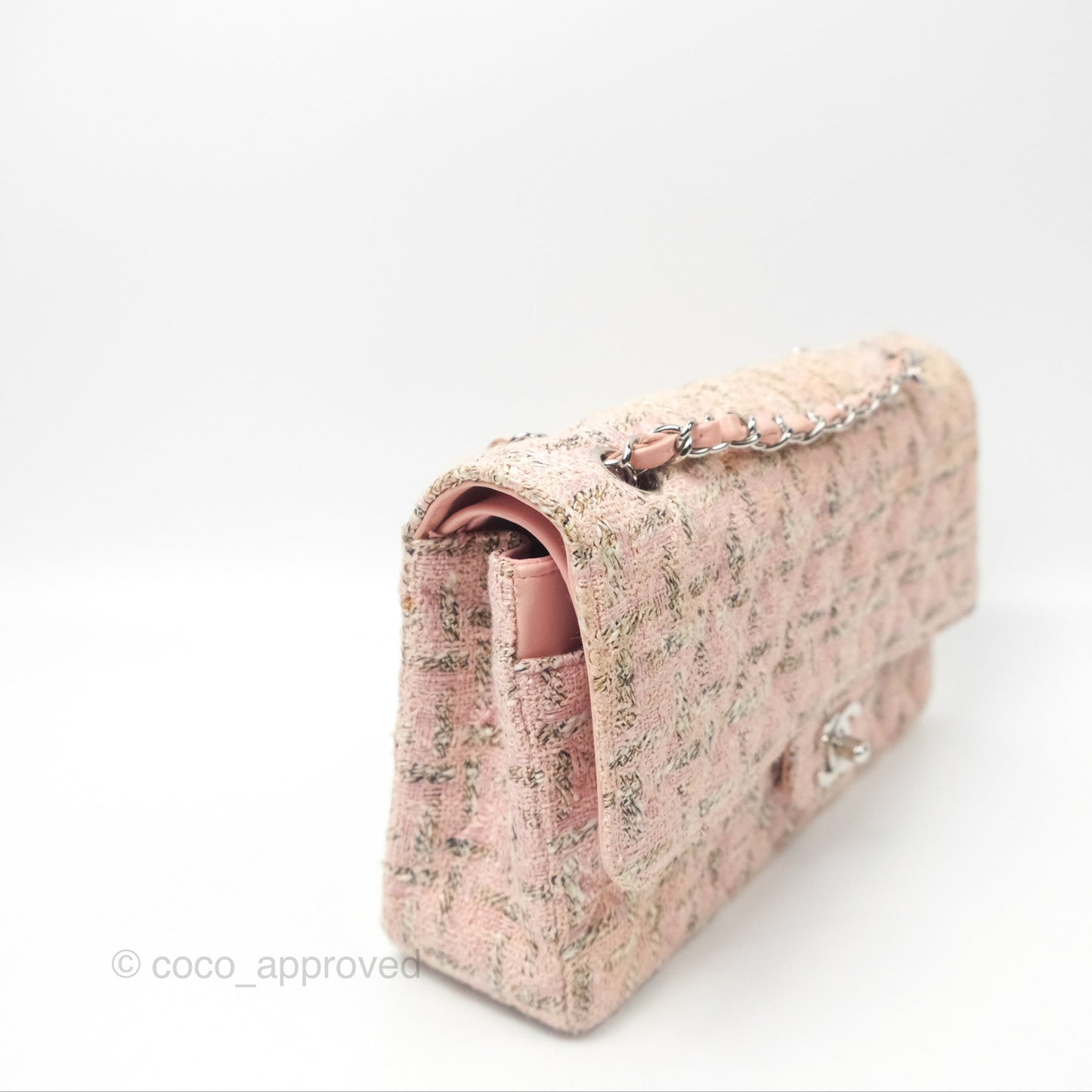 Chanel Classic M/L Medium Flap Quilted Pink Tweed Silver Hardware