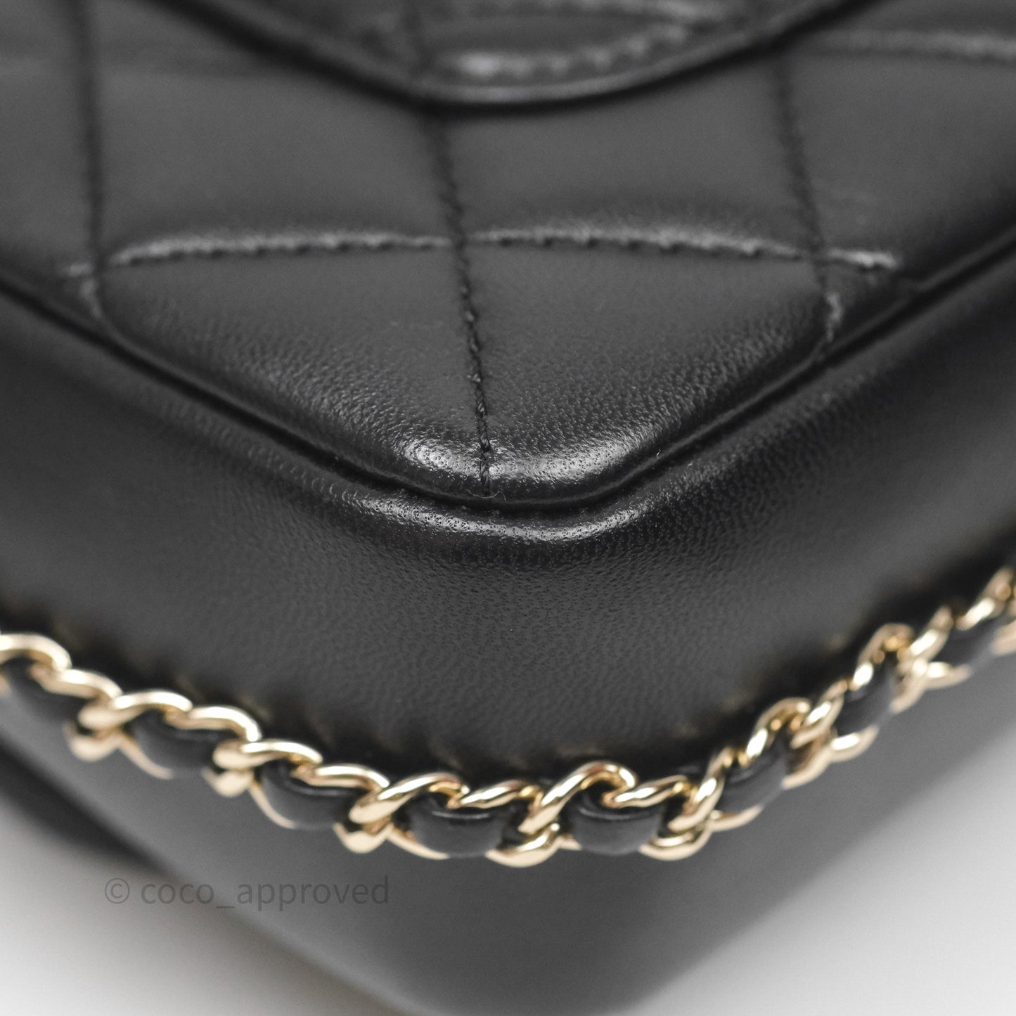 Chanel Logo Pearl Chain Flap Bag Black Lambskin Gold Hardware